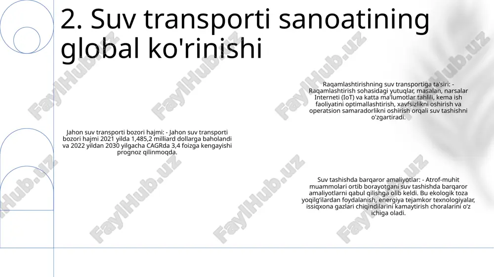 va qadrlashga yordam beradi. 6. suv transportining madaniy va ijtimoiy ta'siri bosfor bo'g'ozi: qora dengiz va marmara dengizini bog'laydigan bosfor bo'g'ozi ham savdo, ham turistik kemalar uchun muhim suv yo'li bo'lib, istanbul siluetining ajoyib manzaralarini taqdim etadi. nil daryosi: dunyodagi eng uzun daryo nil qadimgi misr ibodatxonalaridan tortib gavjum shaharlargacha bo'lgan turli xil suv transporti yo'nalishlarini taklif etadi va boy madaniy suvga cho'mishni ta'minlaydi. panama kanali: panamaning tor isthmusidan o'tib, panama kanali tinch okeani va atlantika okeanlarini bog'laydi, bu kemalarga janubiy amerikaning xoin keyp horn atrofida harakat qilmasdan amerika qit'asi o'rtasida sayohat qilish imkonini beradi. 7. asosiy suv transporti yo'nalishlari cruisetech: ilg'or texnologiyalar kruiz sanoatida inqilob qilmoqda, ai yordamida mijozlarga xizmat ko'rsatishdan raqamli yo'lni aniqlash va virtual balkonlargacha. greencruising: kruiz liniyalari ekologik toza kemalar, chiqindilarni kamaytirish dasturlari va muqobil yoqilg‘i manbalariga sarmoya kiritib, barqarorlik ustuvor vazifaga aylanmoqda. tajribali sayohatlar: kruiz operatorlari kengroq immersiv va moslashtirilgan tajribalarni, jumladan, mavzuli kruizlar, belgilangan …