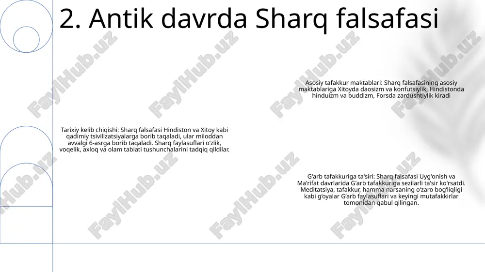 oʻrta asrlar falsafasi: ilk va yuqori oʻrta asrlarda islom olimlari falsafaga katta hissa qoʻshgan. ular yunon va fors tafakkurini diniy ta’limotlar bilan birlashtirib, islom intellektual va teologik an’analarini shakllantirdilar. uyg'onish va so'fiylik: uyg'onish davri, evropada madaniy va intellektual yangilanish davri, so'fiylikka yana qiziqish uyg'otdi. san’atkorlar, yozuvchilar, olimlar tasavvufiy g‘oyalar ta’sirida bo‘lib, ularning ma’naviy ma’rifat yo‘lidagi izlanishlari aks-sado berdi. 7. tasavvuf tasavvuf xristian ilohiyotshunosligi: xristianlikning asosiy e'tiqodlari va ta'limotlari, shu jumladan uchbirlik, mujassamlanish va tirilish. oʻrta asr sharq falsafasi: oʻrta asrlarda islom olamida keng tarqalgan falsafiy gʻoyalar, ibn sinoning “uchuvchi odam” asari va soʻfiylik. uyg'onish davri: evropada insonparvarlik va aql-idrokka urg'u bergan va san'at, fan va falsafada sezilarli yutuqlarga olib kelgan madaniy harakat. 8. xristian teologiyasi sxolastika - o'rta asrlardagi xristian falsafasi, mantiqiy dalillar orqali imon va aqlning uyg'unligini ta'kidlagan. ilk o'rta asr sharq falsafasi: - yunon falsafasi, islom va fors tafakkurining elementlarini o'zida mujassam etgan ilk o'rta asrlardagi islom falsafasi. …