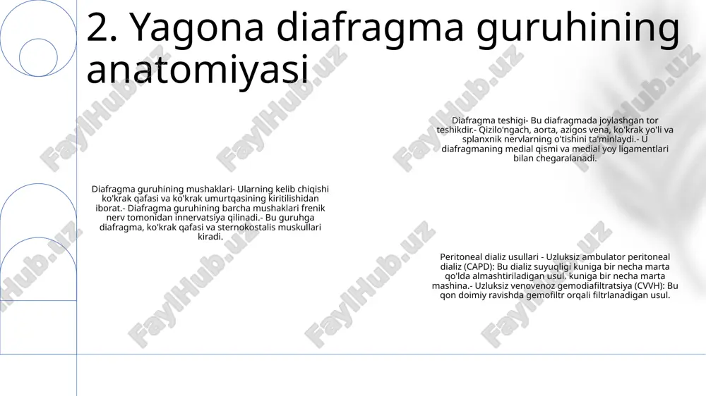 llarda) - takroriy churra 6. murakkabliklarni boshqarish operatsiyadan keyingi og'riqni boshqarish: og'riqni nazorat qilish uchun buyurilganidek analjeziklarni yuboring. nafas olish monitoringi: nafas olish holatini, jumladan kislorod bilan to'yinganlik va nafas olish tezligini diqqat bilan kuzatib boring. yarani parvarish qilish: yarani toza va quruq holda saqlang. tibbiy xizmat ko'rsatuvchi provayder tomonidan ko'rsatilgandek kiyinishni o'zgartiring. 7. jarayondan keyingi parvarish diafragma deformatsiyasini rag'batlantirish: - diafragmaning tug'ma nuqsonlari, o'pka gipoplaziyasi va o'pka gipertenziyasining oldini olish uchun bachadonda fetoskopik aralashuvlar qo'llaniladi. natijalar: - ushbu aralashuvlar o'pka rivojlanishini yaxshilash va hayot sifatini yaxshilash uchun ko'rsatildi. uzoq muddatli natijalarni baholash uchun ko'proq tadqiqotlar talab etiladi. mulohazalar: - fetoskopik induktsiya - bu yuqori tajribani talab qiladigan murakkab protsedura. ona va homila asoratlari xavfi mavjud, shuning uchun bemorni ehtiyotkorlik bilan tanlash va ixtisoslashtirilgan markazlarda ishlash muhimdir. 8. xulosa e'tiboringiz uchun rahmat @taqdimot_robot image1.png /docprops/thumbnail.jpeg