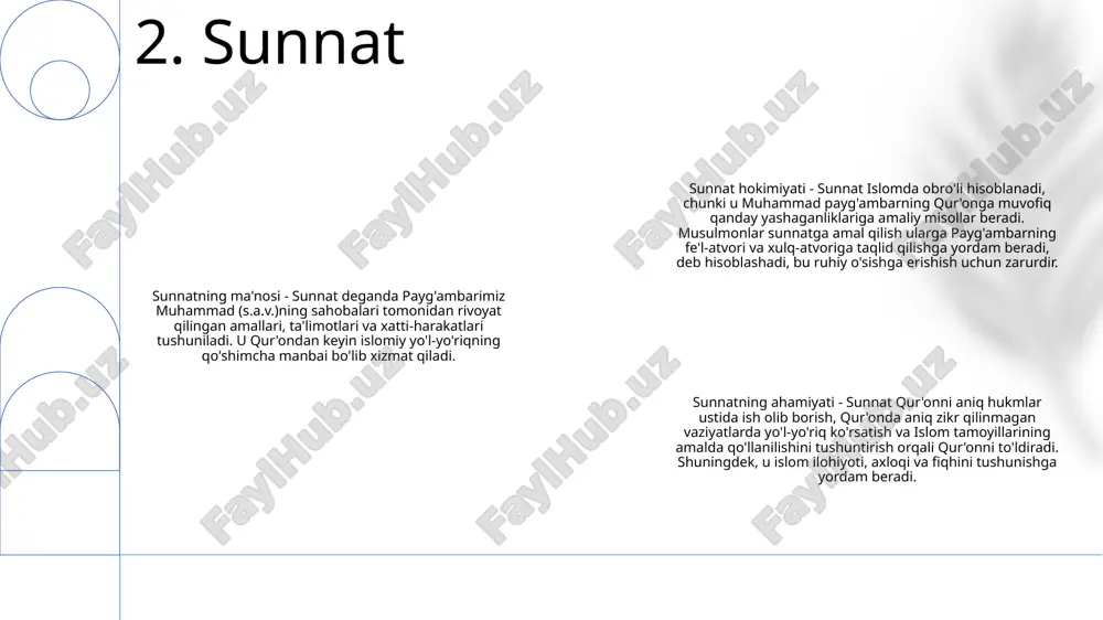 ni boshqarishda va diniy uyg'unlik tuyg'usini tarbiyalashda hal qiluvchi rol o'ynaydi. u shaxsiy ibodatdan (ibodatdan) ijtimoiy munosabatlar va iqtisodiy bitimlargacha bo'lgan keng ko'lamli jihatlarni boshqaradi 6. fiqh aqida: islom e'tiqodining asosi aqida islomning asosiy e'tiqodlarini, jumladan, yagona xudoga (allohga), muhammadning payg'ambarligiga, farishtalar, payg'ambarlar, ilohiy kitoblar, qiyomat kuni va taqdirga ishonishni belgilaydi. islom aqidasining manbalari islom aqidasining asosiy manbalariga qur'on, hadis (muhammad payg'ambarning so'zlari va xatti-harakatlari) va sunnat (payg'ambar tomonidan buyurilgan hayot tarzi) kiradi. bu manbalar aqida qoidalari bo‘yicha yo‘l-yo‘riq berib, islomiy aqida asoslarini o‘rnatadi. aqidani o'rganishning ahamiyati aqidani tushunish musulmonlar uchun juda muhim, chunki bu ularning e'tiqodi va amaliyoti uchun mustahkam poydevor yaratadi. bu ularga allohning tabiatini anglashga, unga to‘g‘ri ibodat qilishga va islom ta’limotlari bilan uyg‘un hayot kechirishga yordam beradi. 7. the creed shariatning roli: shariat musulmonlar hayotini boshqaradigan, shaxsiy, ijtimoiy va iqtisodiy xulq-atvorning barcha jabhalarini qamrab oluvchi keng qamrovli huquqiy tizimdir. islomiy manbalar: shariat turli manbalardan, jumladan qur'on …