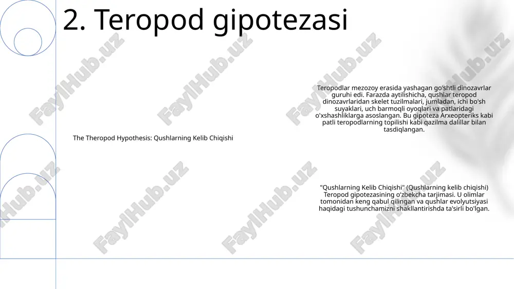 i suyaklari, moslashuvchan qanotlari va barqaror parvoz talablarini qondirish uchun maxsus nafas olish tizimiga ega edi. 6. parvozning kelib chiqishi moslashuvchan radiatsiya: umumiy ajdod turli xil ekologik bo'shliqlardan foydalanish uchun turli xil moslashuvlarni rivojlantiradigan turlar guruhini keltirib chiqaradigan jarayon. qushlarning kelib chiqishi: uzoq vaqt davomida qushlarning teropod dinozavrlaridan evolyutsiya jarayoni. bu jarayon tana tuzilishi va funktsiyasida sezilarli o'zgarishlarni o'z ichiga oladi, natijada parvozning rivojlanishiga olib keladi. kelib chiqish turi: turlar guruhi yashash muhitida turli xil ekologik bo'shliqlarni egallash uchun turli xil moslashuvlarni rivojlantiradigan evolyutsion naqsh. bu jarayon yangi turlarning shakllanishiga yoki mavjud turlarning alohida nasllarga ajralishiga olib kelishi mumkin. 7. moslashuvchan nurlanish qushlarning moslashuvi: qushlar turli xil yashash joylarida, jumladan, maxsus oziqlantirish uchun tumshug'lari, samarali parvoz qilish uchun qanotlari va izolyatsiya va kamuflyaj uchun patlarni o'z ichiga olgan keng ko'lamli moslashuvlarni ishlab chiqdilar. qushlarning tasnifi: olimlar qushlarni har biri o'ziga xos xususiyatlarga ega bo'lgan 27 xil tartiblarga ajratadilar. ko'zga ko'ringan …