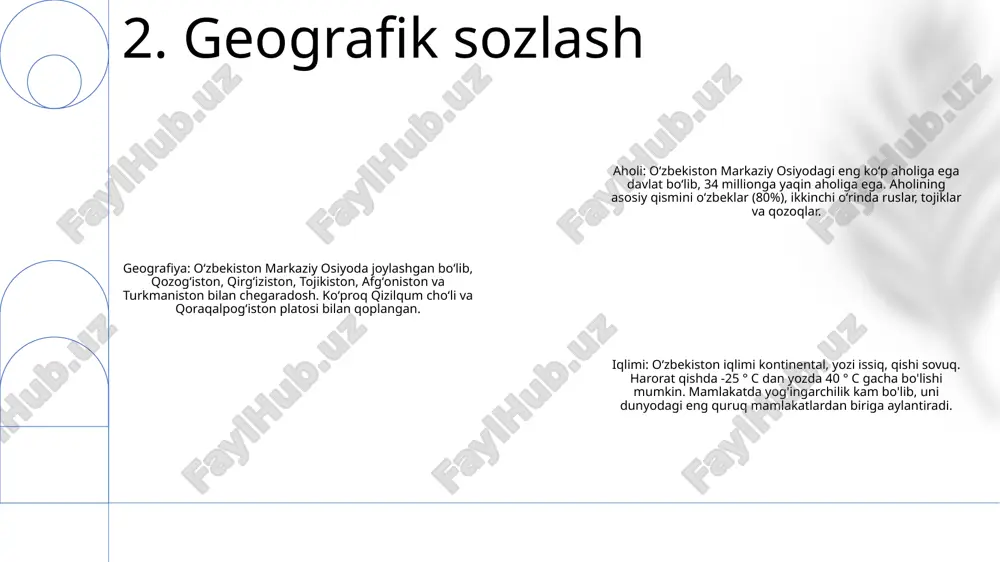 lar mavjud. bu institutlar mas’uliyatni ta’minlash va siyosiy jarayonlarda jamoatchilik ishtirokini rag‘batlantirishda muhim rol o‘ynaydi. 6. siyosiy tizim va boshqaruv 1. oʻzbekistonning diplomatik vakolatxonalari: oʻzbekiston 130 dan ortiq davlatlar bilan diplomatik aloqalarni oʻrnatgan va dunyoning yirik poytaxtlarida elchixonalarini ochgan. bu missiyalar o‘zbekiston manfaatlarini ilgari surish va ikki tomonlama hamkorlikni rivojlantirishda muhim rol o‘ynaydi. 2. tashqi siyosatning ustuvor yo‘nalishlari: o‘zbekistonning tashqi siyosati mintaqaviy barqarorlik, iqtisodiy rivojlanish, boshqa xalqlar bilan madaniy-ma’rifiy aloqalarni rivojlantirishga qaratilgan. mamlakat markaziy osiyodagi qo‘shnilari bilan hamkorlikka ustuvor ahamiyat qaratadi va bmt, yxht kabi xalqaro tashkilotlarda faol ishtirok etadi. 3. yirik davlatlar bilan diplomatik aloqalar: oʻzbekiston rossiya, xitoy va aqsh kabi yirik davlatlar bilan mustahkam diplomatik aloqalarga ega. bu munosabatlar oʻzaro hurmat, iqtisodiy manfaatlar, xavfsizlik va terrorizmga qarshi kurash kabi sohalarda hamkorlikka asoslangan. 7. tashqi siyosat va diplomatik aloqalar 1. iqtisodiy oʻsish: oʻzbekiston iqtisodiyotini diversifikatsiya qilish, sanoat sektorini rivojlantirish va xorijiy sarmoyalarni jalb qilish orqali barqaror iqtisodiy oʻsishga erishishni …