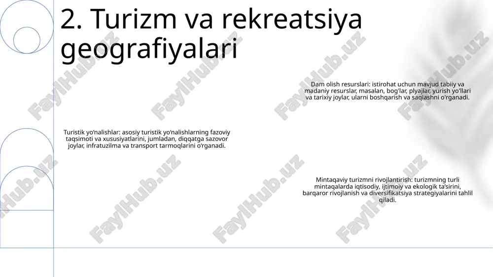mikasini, jumladan, ularning iqtisodiy, ijtimoiy va atrof-muhitga ta’sirini o‘rganadi. 6. demografik va ijtimoiy-iqtisodiy omillar turizmda gis: gis sayyohlarga diqqatga sazovor joylarni topish, marshrutlarni rejalashtirish va yo'nalishlar haqida ma'lumot olish imkonini beruvchi kuchli vositadir. turizm geografiyasi: turizm geografiyasi sayohat va turizm sanoatini o'rganadigan tadqiqot sohasidir. turizm modellari, destinatsiyalarni boshqarish va barqarorlik masalalarini tadqiq qiladi. rekreatsion geografiya: rekreatsion geografiya bo'sh vaqtni va ochiq havoda dam olishni geografik taqsimlash va boshqarish bilan bog'liq. bog'lar, o'rmonlar va boshqa rekreatsiya zonalaridan foydalanish va ularni boshqarishni o'rganadi. 7. geografik axborot tizimlari (gis) geografik istiqbol: yerdan foydalanish, tabiiy resurslar va atrof-muhitga ta'sir qilish kabi omillarni hisobga olgan holda turizm va rekreatsiya faoliyatining fazoviy taqsimoti, naqshlari va jarayonlarini o'rganadi. atrof-muhitga e'tibor: tabiiy resurslar va ekotizimlarni saqlash va himoya qilishga urg'u beradi, atrof-muhitning buzilishini minimallashtiradigan va turizm va dam olish maskanlarining uzoq muddatli hayotiyligini ta'minlaydigan barqaror amaliyotlarni qo'llab-quvvatlaydi. ijtimoiy-madaniy mulohazalar: turizm va dam olishning mahalliy jamoalarga ijtimoiy, madaniy va …