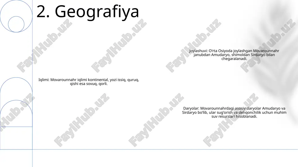 islom ilmi va ilmining yirik markazi bo'lib, u erdan al-buxoriy, at-termiziy va imom al-moturidiy kabi bir qancha taniqli olimlar va ilohiyotchilar yetishib chiqqan. 7. jamiyat adabiy an’analar: movarounnahr fors, arab va o‘z mahalliy tillarida asarlar yaratgan jonli adabiy markaz bo‘lgan. mintaqa olimlari va shoirlari ibn sino, al-xorazmiy, abu ali sino kabi mashhur siymolar bilan islom adabiyotiga katta hissa qo‘shgan. adabiy homiylik: ix—xi asrlarda movarounnahrda hukmronlik qilgan somoniylar sulolasi adabiyot va sanʼatning taniqli homiysi edi. olim va shoirlar saxovatpesha qo‘llab-quvvatlanib, ularning gullab-yashnashiga, durdona asarlar yaratishiga imkon yaratdi. til va madaniyat: movarounnahrning oʻrta osiyo, yaqin sharq va uzoq sharq chorrahasida joylashgan oʻziga xos geografik oʻrni uning adabiy ijodiga taʼsir koʻrsatdi 8. adabiyot e'tiboringiz uchun rahmat @taqdimot_robot image1.png /docprops/thumbnail.jpeg