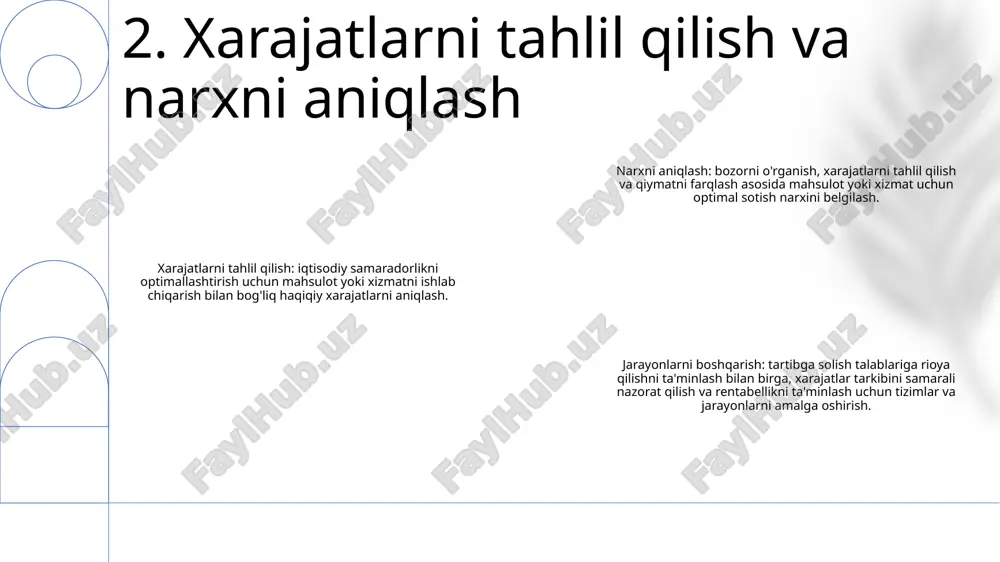 : bir nechta mahsulot yoki xizmatlarni alohida-alohida sotib olishdan ko'ra pastroq narxda bitta paketga birlashtirish, bu uni yanada qulayroq va potentsial ravishda yaxshiroq qiymat sifatida qabul qilish. 6. psixologik va xulq-atvor bahosini belgilash taktikasi mahsulotning hayotiy tsikli narxini belgilash- kirish bosqichi: bozor ulushini qo'lga kiritish uchun penetratsion narxlash.- o'sish bosqichi: talab va raqobatga asoslangan foydani maksimal darajada oshirish bahosi.- yetuklik bosqichi: bozor o'rnini saqlab qolish uchun raqobatbardosh narxlash. xarajat-plyus narxlash- sotish narxi = sotilgan mahsulot tannarxi + kerakli foyda marjasi.- oddiy va shaffof, lekin bozor talabini aks ettirmasligi mumkin. qiymatga asoslangan narxlash - mahsulot xaridorlarga olib keladigan qiymatga asoslangan narxlash.- noyob yoki kerakli xususiyatlarga ega mahsulotlar uchun yuqori narxlar. 7. turli xil mahsulot hayot davrlari uchun narx strategiyalari narxlarni belgilash tendentsiyalari: narx strategiyangizni mos ravishda o'zgartirish uchun bozor narxlari tendentsiyalari va o'zgarishlari haqida xabardor bo'ling. bozor tadqiqoti: raqobatchilar narxini, talabning egiluvchanligini va mijozlar xatti-harakatlarini tahlil qilish uchun bozorni to'liq tadqiq …
