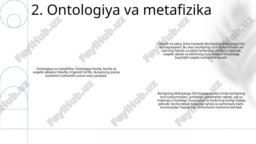 munosabatlar entropiya, tartibsizlik o'lchovi, o'z-o'zidan energiya o'zgarishlarini oshiradi. entropiya va evolyutsiya: rahbarlik tamoyilibiologik evolyutsiya entropiyani minimallashtirish orqali amalga oshiriladi va bu murakkab biologik tizimlarning paydo bo'lishiga olib keladi. entropiya va koinot: potentsial issiqlik o'limi koinotning yakuniy taqdiri "koinotning issiqlik o'limi" deb nomlanuvchi maksimal entropiya holati bo'lishi bashorat qilinadi. 7. termodinamika va entropiya 1: katta portlash nazariyasi koinot taxminan 13,8 milliard yil oldin nihoyatda issiq, zich o'ziga xoslikdan paydo bo'lganligini ta'kidlaydi. 2: singularlik kengayishi va sovishi natijasida elementar zarralar, atomlar va oxir-oqibat yulduzlar va galaktikalar paydo bo'ldi. kosmik mikroto'lqinli fon radiatsiyasi nazariya uchun kuchli dalil hisoblanadi. 3: falsafa va ilmiy fanlarda borliq tushunchasi turli nuqtai nazarlar, jumladan materializm, idealizm, voqelik tabiatini boshqaradigan jismoniy va metafizik tamoyillarni o‘rganish orqali o‘rganiladi. 8. katta portlash nazariyasi va koinotning kelib chiqishi 1. evolyutsion biologiya va hayotning kelib chiqishi: tabiiy tanlanish, genetika va molekulyar biologiya kabi mavzularni qamrab olgan holda hayotning kelib chiqishi va evolyutsiyasi haqidagi …