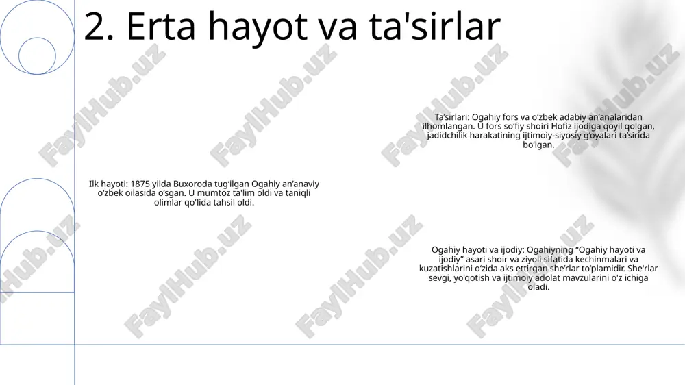 abiati haqidagi mulohazalarining ta’sirchan tasviri bilan yozuvchilar avlodiga katta ta’sir o‘tkazgan ulkan adabiy asar bo‘lib qolmoqda. madaniy ta'sir: romandagi sevgi, yo'qotish va ma'no izlash mavzulari butun o'zbekiston va undan tashqarida o'quvchilarda chuqur aks-sado berdi, madaniy qadriyatlarni shakllantirdi va jamoaviy o'ziga xoslik tuyg'usini rivojlantirdi. tarbiyaviy ahamiyati: “ogahiy hayoti va ijodiy” asari o‘zbek adabiyotining durdona asari sifatida o‘zbek maktablari va oliy o‘quv yurtlarida keng o‘rganilib, o‘quvchilarni o‘z adabiy ishtiyoqi bilan shug‘ullanishga, madaniy merosining boyligini qadrlashga undaydi. 7. meros va ta'sir badiiy falsafa: ogahiy hayoti va ijodiy hayot go‘zalligi va rang-barangligini murakkab naqshlar va jo‘shqin ranglar orqali tarannum etib, san’at ko‘tarilishi va ilhomlantirishi kerak, degan ishonchni aks ettiradi. badiiy e'tiqodlar: hayoti va ijodi san'at chegaralardan oshib, madaniyatlar va avlodlar o'rtasida tomoshabinlar bilan rezonanslashadigan asarlar yaratish uchun an'anaviy va zamonaviy uslublarni o'z ichiga olishi kerak, deb hisoblaydi. badiiy maqsad: “ogahiy hayoti va ijodiy” shodlik uchqunlarini uyg‘otuvchi, tafakkurga chorlovchi va odamlar o‘rtasida bog‘lanish tuyg‘usini uyg‘otuvchi …
