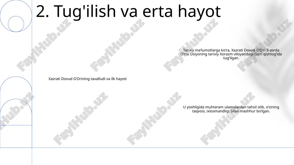 bu har yili ko'plab ziyoratchilarni marhamat va ma'naviy aloqaga intilish uchun jalb qiladi. arxitektura merosi: ziyoratgoh murakkab va vizual tarzda ajoyib dizaynga ega bo'lib, nafis koshinlar, o'yilgan marmar va geometrik naqshlar bilan bezatilgan. uning meʼmoriy uslubi fors, hind va markaziy osiyo taʼsirining uygʻunligini aks ettiradi. madaniy yodgorlik: xazrati dovud g'ori o'zbekiston xalqi uchun ulkan madaniy va tarixiy ahamiyatga ega. u asrlar o'tishiga guvoh bo'lib, jamoat tadbirlari, bayramlar va ma'naviy marosimlar uchun yig'ilish joyi bo'lib xizmat qildi. 8. meros e'tiboringiz uchun rahmat @taqdimot_robot image1.png /docprops/thumbnail.jpeg