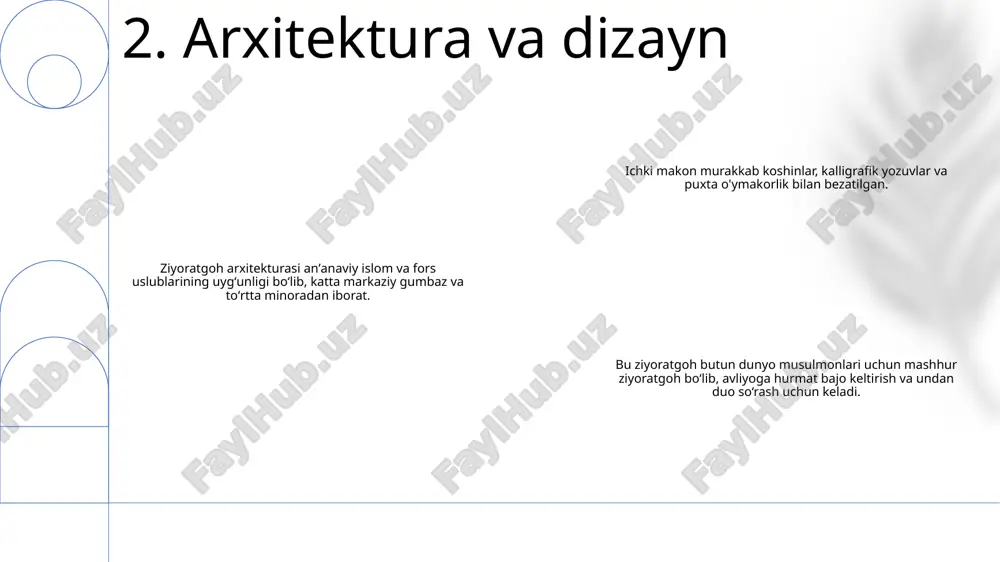 iyoratning ahamiyati: hazrati dovud ziyoratgohi musulmonlar uchun muqaddas qadamjo bo‘lib, dovud payg‘ambar dafn etilgan joy hisoblanadi. ziyoratchilar ziyoratgohga ziyorat qilib, ehtirom ko‘rsatishadi, duo izlaydilar, ma’naviy amaliyotlar bilan shug‘ullanadilar. sayyohlik qiymati: ziyoratgohi diniy ahamiyatidan tashqari, oʻzining meʼmoriy goʻzalligi bilan ham sayyohlarni oʻziga tortadi. ziyoratgoh majmuasida murakkab maqbara, hovli va minora mavjud bo‘lib, islom hunarmandchiligi va dizaynini namoyish etadi. madaniy meros: hazrati dovud ziyoratgohi katta madaniy va tarixiy ahamiyatga ega. bu nafaqat ziyoratgoh, balki mintaqaning boy islom merosidan dalolatdir. ushbu sayt asrlar davomida hurmatga sazovor bo'lib kelgan va butun dunyodan ziyoratchilar va sayyohlarni jalb qilishda davom etmoqda. 7. ziyorat va turizm ramz: musulmonlar uchun ziyoratgoh sifatida yuksak hurmatga sazovor bo'lgan, ruhiy poklanishni va hazrati dovud (dovud) bilan aloqani ifodalovchi muqaddas joy. ta’siri: “ziyoratgohi” tarix davomida sayohatchilar, yozuvchilar va rassomlarni ilhomlantirib, mahalliy an’analar va xalq og‘zaki ijodini shakllantirgan. saqlash: yuneskoning butunjahon merosi ob'ekti sifatida tan olingan, uning madaniy va tarixiy ahamiyatini kelajak avlodlar …