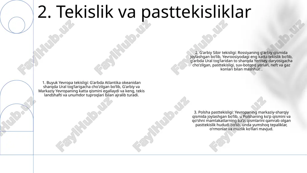 acha bo'lgan keng iqlim zonalari bilan tavsiflanadi. o'simliklar: tundra, tayga, mo''tadil o'rmonlar, o'tloqlar va cho'llarni o'z ichiga olgan turli xil o'simliklar turlari. topografiya: turli xil releflar, jumladan, keng tekisliklar, baland tog'lar va keng qirg'oqlar. 8. iqlim va o'simliklar e'tiboringiz uchun rahmat @taqdimot_robot image1.png /docprops/thumbnail.jpeg