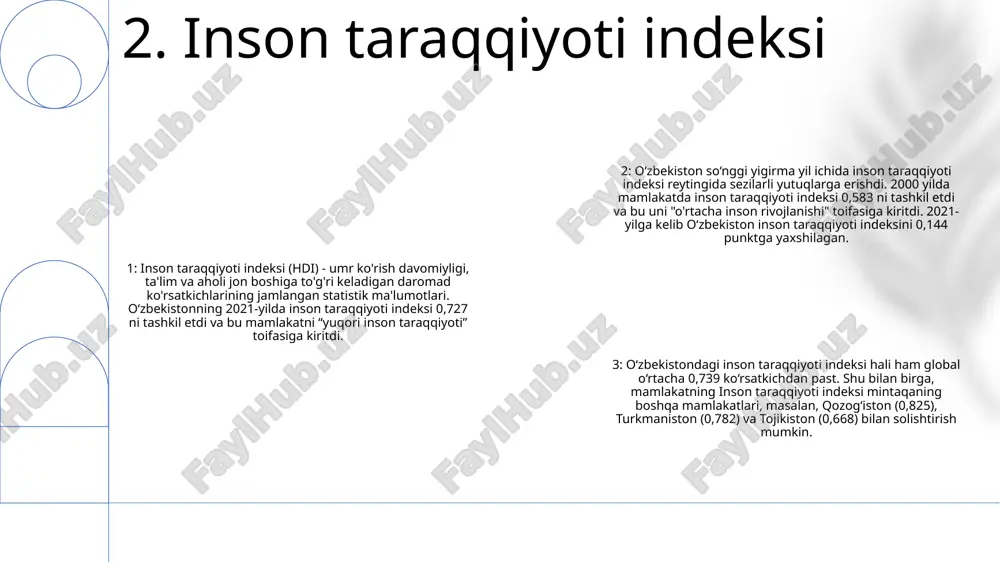 dbirkorlik sub’yektlarining faoliyat yuritishi va rivojlanishi uchun yanada qulay muhit yaratildi, iqtisodiy rivojlanish va yangi ish o‘rinlari yaratildi. 5. biznes yuritishning qulayligi indeksi 1. global iste'dodlar raqobatbardoshlik indeksi (gtci): gtci - bu mamlakatlarning iste'dodlarni jalb qilish, rivojlantirish va saqlab qolish qobiliyatini o'lchaydigan global reyting 2. o‘zbekistonning gtci reytingidagi o‘rni: 2022 yilgi gtci reytingida o‘zbekiston 132 davlat orasida 87-o‘rinni egalladi. bu 2021-yilda 104-o‘rinni egallagan avvalgi reytingidan sezilarli yaxshilanishni ko‘rsatadi. o‘zbekistonning kuchli ta’lim tizimi, nisbatan yuqori savodxonlik darajasi va mehnat bozoridagi sharoitning yaxshilangani diqqatga sazovordir. 3. oʻzbekiston uchun asosiy mulohazalar: oʻz isteʼdodlari raqobatbardoshligini yanada oshirish uchun oʻzbekiston koʻnikmalarni rivojlantirish, infratuzilma va innovatsiyalar kabi sohalardagi muammolarni hal qilishga eʼtibor qaratishi kerak 6. global iste'dodlar raqobatbardoshlik indeksi 1. ta'rif: sayohat va turizm raqobatbardoshligi indeksi (ttci) mamlakatlarning sayohat va turizm rivojlanishini o'lchaydigan baholash tizimidir. unda mamlakatning turizm sohasida raqobatbardoshligini ta’minlovchi turli omillar tahlil qilinadi. 2. o‘zbekiston reytingi: 2021 yilgi ttcida o‘zbekiston 7 balldan 3,2 ball …