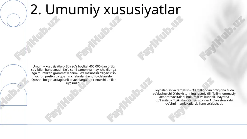 rtlarga rioya qilish samarali muloqot uchun juda muhimdir. bu tushunishni osonlashtiradi, chalkashliklarni yo'q qiladi va yozma tarkibning umumiy sifatini oshiradi. standartlashtirilgan orfografiya ham tilning izchilligini ta’minlaydi va uning tarixiy yaxlitligini saqlaydi. 6. orfografik standartlar vergul: jumla ichidagi elementlarni ajratish uchun ishlatiladi (masalan, "kitob, qalam va qog'oz stolda edi"). ikki nuqta: roʻyxat, iqtibos yoki tushuntirish kiritish uchun ishlatiladi (masalan, “quyidagilar talab qilinadi: qalam, qogʻoz va kitob”). nuqtali vergul: yaqin munosabatga ega boʻlgan ikkita jumlani bogʻlash uchun qoʻllaniladi (masalan, “kitob qiziqarli edi, ammo oxiri umidsizlikka uchradi”). 7. tinish belgilari standartlari taʼrif: “oʻzbek adabiyoti tili meʼyorlari” oʻzbek adabiy tilining qoʻllanishi va saqlanishiga rahbarlik qiluvchi stilistik meʼyorlarni bildiradi. maqsad: bu standartlar oʻzbek tilida yozma va ogʻzaki nutqda izchillik, ravshanlik va taʼsirchanlikni taʼminlaydi, muloqotni osonlashtiradi va umumiy til merosini rivojlantiradi. qo‘llanish doirasi: “o‘zbek adabiyoti tili me’yorlari” tilning turli jihatlari, jumladan, grammatika, imlo, talaffuz, lug‘at va uslub qoidalarini qamrab oladi. 8. stilistik standartlar muallif: bir guruh …