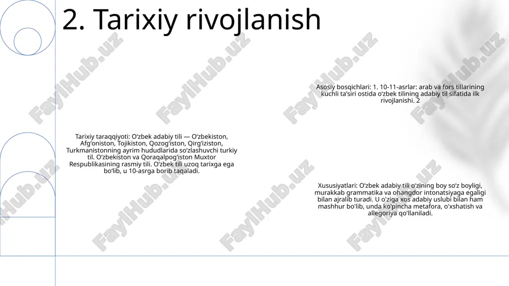 sh belgilari stilistik me'yorlar- grammatika, tinish belgilari va uslub me'yorlariga rioya qilish orqali ravshanlik, o'qilishi va ta'sirchanligini ta'minlash.- tegishli stilistik vositalar yordamida uyg'unlik va uyg'unlikni kuchaytirish.- ortiqchalik, noaniqlik va stilistik nomuvofiqliklardan saqlaning. oʻzbek adabiy tili meʼyorlari- adabiy til, qoʻllanish va ifodalash meʼyorlarini belgilang.- til boyligini saqlang va rivojlantiring.- yozuvchilar, olimlar va til oʻrganuvchilarga yoʻl-yoʻriq koʻrsating. stilistik registr - til va uslubni muayyan kontekst va auditoriyaga moslashtiring. - rasmiy, neytral yoki norasmiy registrlardan tegishli ravishda foydalaning. - ma'ruzachi/yozuvchi va tinglovchilar o'rtasidagi o'rnatish, maqsad va munosabatlar kabi omillarni ko'rib chiqing. 9. stilistik normalar rasmiy til: to'g'ri lug'at, to'liq jumlalar, to'g'ri grammatika. rasmiy sharoitlarda, yozishda va ommaviy nutqda foydalaniladi. norasmiy til: tasodifiy lug'at, to'liq bo'lmagan jumlalar, so'zlashuv so'zlari. kundalik nutq, matnli xabarlar va ijtimoiy tarmoqlarda qo'llaniladi. “oʻzbek adabiyoti tili meʼyorlari”: oʻzbek adabiy tili meʼyorlari, oʻzbek tilini tartibga soluvchi, lugʻat, grammatika va qoʻllanish meʼyorlarini oʻrnatuvchi qoida va shartlar majmui. 10. rasmiy va norasmiy til …