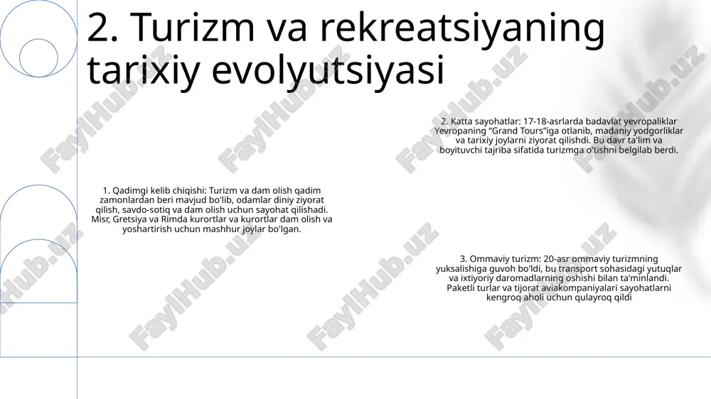 rishi: dovullar va qurg'oqchilik kabi ekstremal ob-havo hodisalari turizm va rekreatsiya faoliyatini buzishi, infratuzilmaga zarar etkazishi va tabiiy diqqatga sazovor joylarga ta'sir qilishi mumkin. texnologik yutuqlar: texnologiya innovatsiyalar uchun imkoniyatlar taqdim etsa-da, virtual turizmning o'sishi va inson ekskursiya gidlarini avtomatlashtirilgan tajribalar bilan almashtirish kabi muammolarni ham keltirib chiqaradi. 6. turizm va rekreatsiya oldida turgan muammolar atrof-muhitni muhofaza qilish: barqaror turizm amaliyotlari uglerod chiqindilarini kamaytirish, suvni tejash va chiqindilarni kamaytirish orqali tabiiy ekotizimlarni himoya qilish va saqlashga qaratilgan. ijtimoiy mas'uliyat: barqaror turizm turizm faoliyatining ijtimoiy va madaniy ta'sirini hisobga oladi, mahalliy hamjamiyatlarning o'z madaniy merosini hurmat qilgan holda turizmdan foyda olishini ta'minlaydi. iqtisodiy barqarorlik: barqaror turizm amaliyoti mahalliy korxonalarni qo‘llab-quvvatlash, barqaror turmush tarzini rag‘batlantirish va salbiy iqtisodiy ta’sirlarni minimallashtirish orqali mahalliy hamjamiyatlarga uzoq muddatli iqtisodiy manfaatlar yaratishga intiladi. 7. barqaror turizm va dam olish amaliyotlari tajribali turizm: sayohatchilar mahalliy aholi bilan muloqot qilish, madaniy merosni o'rganish va sarguzashtli faoliyat bilan shug'ullanish …