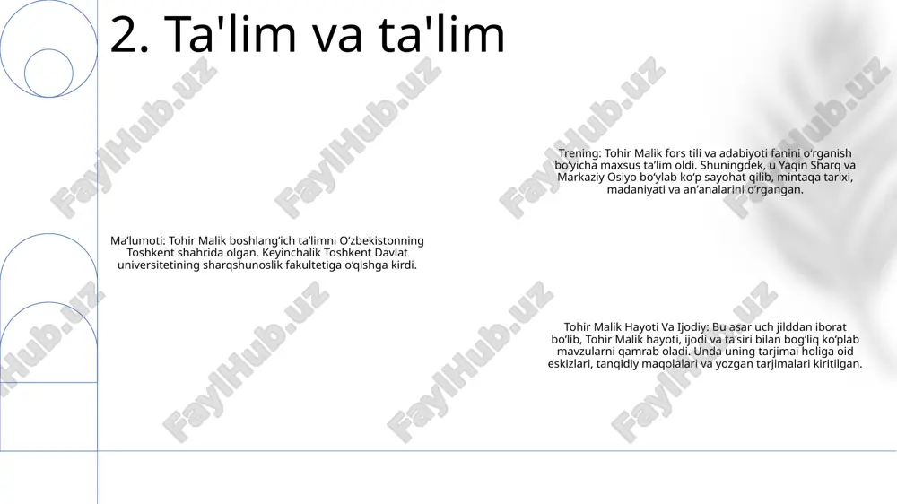 03) tohir malikka oʻzbekiston jurnalistlar uyushmasi tomonidan, uning ajoyib jurnalistik va adabiy sharhlovchisi uchun berilgan. 8. mukofotlar va mukofotlar moliyaviy hissalar: tohir malik saxovatli xayriyachi boʻlib, turli xayriya maqsadlariga, jumladan, taʼlim, sogʻliqni saqlash va sanʼatga millionlab dollar xayriya qilgan. jamoatchilik xizmati: malik bir qancha notijorat tashkilotlardagi yetakchilik rollari orqali jamoat ishlarida faol ishtirok etadi. u ijtimoiy muammolarni hal etish va barqaror rivojlanishga ko‘maklashish uchun mahalliy hamjamiyat bilan yaqindan hamkorlik qiladi. imkoniyatlarni oshirish tashabbuslari: malik shaxslar va jamoalarni kuchaytirish kuchiga ishonadi. u odamlarga o'z maqsadlariga erishish va hayotlarini yaxshilashga yordam berish uchun trening, murabbiylik va resurslarni ta'minlaydigan bir nechta dastur va tashabbuslarni yaratdi. 9. xayriya va jamoatchilik ishtiroki shaxsiy hayoti: tohir malik 1865 yilda tojikistonning xo‘jand shahrida tug‘ilgan. u 1885 yilda turmushga chiqdi va to'rt farzand ko'rdi. munosabatlar: tohir malik ustozi shoir abdurauf fitrat bilan yaqin munosabatda bo‘lgan. u boshqa ziyolilar, jumladan sadriddin ayniy, abdulqodir mohit bilan ham do‘stlik aloqalarini o‘rnatgan. …