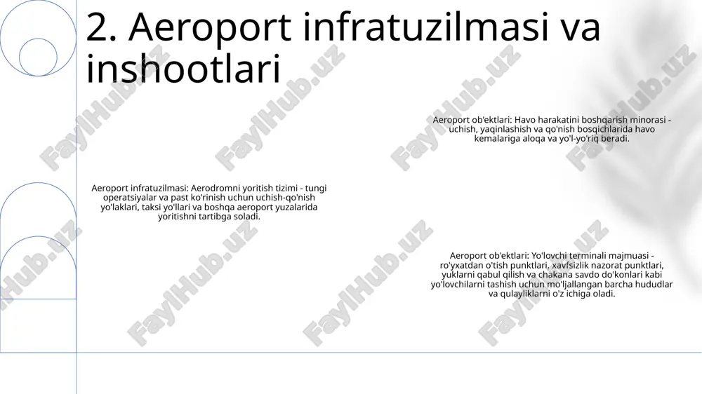 ari: oʻzbekistonda bir qancha xalqaro aeroportlar, jumladan, toshkent xalqaro aeroporti ham ichki, ham xalqaro reyslarni amalga oshiradi. 6. aeroportni rejalashtirish va loyihalash shovqinning ifloslanishi: aeroportlar samolyotlarning uchishi va qo'nishi orqali yaqin atrofdagi jamoalar va yovvoyi tabiatga ta'sir qiladigan sezilarli shovqin ifloslanishini keltirib chiqaradi. yumshatish choralari shovqinni kamaytirish tartib-qoidalarini, ovoz yalıtımını va erdan foydalanishni rejalashtirishni o'z ichiga oladi. havo sifati: aeroportlar samolyot dvigatellari, yer usti uskunalari va transport vositalaridan ifloslantiruvchi moddalarni chiqarish orqali havoning ifloslanishiga hissa qo'shadi suvni tejash: aeroportlar turli maqsadlarda, jumladan sug'orish, hojatxonani yuvish va o't o'chirish uchun katta miqdorda suv iste'mol qiladi. suvni tejash chora-tadbirlari samarali sug'orish tizimlarini joriy etish, kam oqimli qurilmalardan foydalanish va oqava suvlarni qayta ishlashni o'z ichiga oladi. 7. aeroportning atrof-muhitga oid mulohazalari aviakompaniyalar va aeroportlar: uzbekistan airports (oʻzbekiston aeroportlari) oʻzbekistondagi barcha 15 ta aeroportlarning, jumladan, toshkent, samarqand va buxoro xalqaro aeroportlarining davlat operatori hisoblanadi. investitsion imkoniyatlar: uzbekistan airports aeroport infratuzilmasini modernizatsiya qilish va …