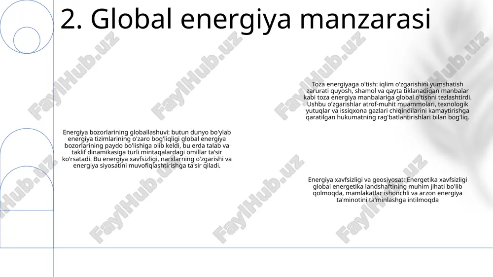 dorligini oshirish bo'yicha chora-tadbirlar: hukumat energiya tejamkorligi bo'yicha turli dasturlarni amalga oshirdi, jumladan, energiya tejaydigan asboblarni rag'batlantirish, binolarning izolyatsiyasini yaxshilash va sanoat uskunalarini yangilash. 6. energiyadan yakuniy foydalanish barqaror energiya ishlab chiqarish: yogilg'i-energetika kompleksi energiya samaradorligini oshirish, issiqxona gazlari chiqindilarini kamaytirish va qayta tiklanadigan energiya manbalarini rag'batlantirish uchun ilg'or texnologiyalardan foydalanadi. atrof-muhitga ta'sirni yumshatish: kompleks ekologik izni minimallashtirish uchun atrof-muhitni boshqarishning qat'iy amaliyotlarini qo'llaydi. chiqindilarni tozalash, chiqindilarni qayta ishlash va eroziyani nazorat qilish kabi chora-tadbirlar havo va suv sifatini himoya qiladi. tabiiy resurslarni muhofaza qilish: yogilg'i-energetika kompleksi suvni mas'uliyatli iste'mol qilish, erdan foydalanishni optimallashtirish va atrofdagi hududlarda biologik xilma-xillikni saqlash orqali tabiiy resurslarni saqlashga ustuvor ahamiyat beradi. 7. barqarorlik va atrof-muhitni muhofaza qilish masalalari 1. smart grid technologies integratsiyasi: yogilg'i-energetika kompleksi energiya taqsimotini optimallashtirish, uzilishlarni kamaytirish va iste'molni real vaqt rejimida kuzatish imkonini berish uchun aqlli tarmoq texnologiyalarini integratsiyalashni rejalashtirmoqda. 2. qayta tiklanadigan energiya manbalarini rivojlantirish: kompaniya kelajakdagi energiya talablarini …