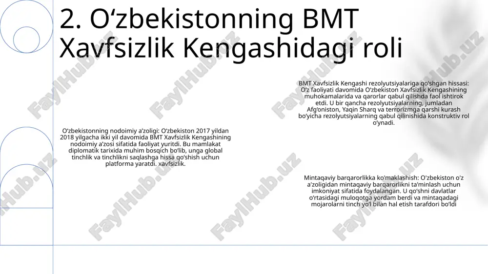 ni yengish uchun harakat qilmoqda. 5. o‘zbekistonning bmt barqaror rivojlanish maqsadlariga hamkorligi yunesko: oʻzbekiston bilan madaniy merosni asrab-avaylash, taʼlimni rivojlantirish va ommaviy axborot vositalari erkinligini taʼminlashda hamkorlik qiladi. jsst: oʻzbekiston sogʻliqni saqlash tizimini kasalliklarga qarshi kurashish uchun texnik yordam, oʻqitish va materiallar bilan taʼminlash orqali qoʻllab-quvvatlaydi. unicef: o‘zbekistonga bola huquqlarini ilgari surish, bolalar uchun ta’lim va sog‘liqni saqlash tizimini yaxshilash, qashshoqlik va tengsizlikka qarshi kurashishda yordam beradi. 6. o‘zbekistonning bmt ixtisoslashgan idoralari bilan hamkorligi birlashgan millatlar tashkilotining iqtisodiy va ijtimoiy kengashiga raislik: o‘zbekiston 2023-yil uchun birlashgan millatlar tashkilotining iqtisodiy va ijtimoiy kengashiga (ekosos) raislikni o‘z zimmasiga oldi va asosiy e’tiborni barqaror rivojlanish va inklyuziv iqtisodiy o‘sishni rag‘batlantirishga qaratdi. o'zbekiston respublikasi va birlashgan millatlar tashkiloti: o'zbekiston va bmt o'rtasidagi hamkorlik 1992 yildan boshlangan bo'lib, asosiy e'tibor inson huquqlari, ta'lim, sog'liqni saqlash va iqtisodiy rivojlanish kabi sohalarga qaratilgan. o‘zbekistonning ekososga qo‘shgan hissasi: ekosos raisi sifatida o‘zbekiston 2030 yilgacha barqaror rivojlanish bo‘yicha kun …
