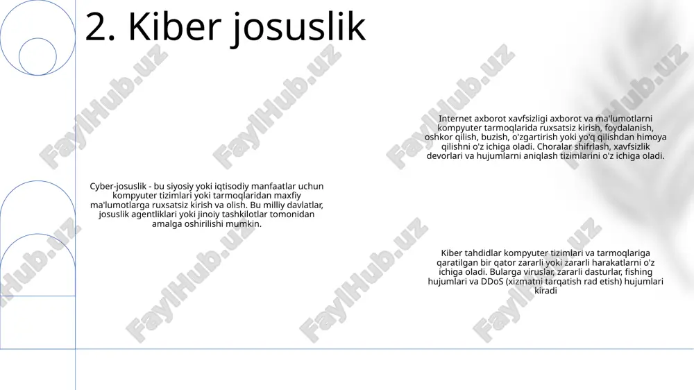 moqni haddan tashqari trafik bilan to'ldirishga qaratilgan bo'lib, uni qonuniy foydalanuvchilar uchun mavjud bo'lmaydi. internet ma'lumotlarining sizib chiqishi va tahdidlari: internet ma'lumot almashish uchun keng platformani taqdim etadi, ammo u nozik ma'lumotlarni xakerlik, ma'lumotlarning buzilishi va kuzatuv kabi potentsial tahdidlarga ham ta'minlaydi. axborot xavfsizligi: axborotni ruxsatsiz kirish, foydalanish, oshkor qilish, buzish, o'zgartirish yoki yo'q qilishdan himoya qilish maxfiylik, maxfiylik va yaxlitlikni ta'minlash uchun juda muhimdir. 6. xizmatni rad etish hujumlari ma'lumotlarning buzilishi: maxfiy ma'lumotlar o'g'irlanganda yoki ruxsatsiz kirishda ma'lumotlarning buzilishi sodir bo'ladi. bunga ismlar, manzillar va ijtimoiy xavfsizlik raqamlari kabi shaxsiy ma'lumotlar, shuningdek, kredit karta raqamlari va bank hisobi ma'lumotlari kabi moliyaviy ma'lumotlar kiradi. internet xavfsizligiga tahdidlar: internet kiberhujumlar uchun asosiy maqsad bo'lib, xakerlar doimiy ravishda dasturiy ta'minot va apparatdagi zaifliklardan foydalanish yo'llarini izlaydilar. ushbu tahdidlarga zararli dasturlar, fishing firibgarliklari, to'lov dasturlari va xizmat ko'rsatishni rad etish hujumlari kiradi. ma'lumotlarni himoya qilish va maxfiylik: shaxsiy va maxfiy ma'lumotlarni himoya qilish …