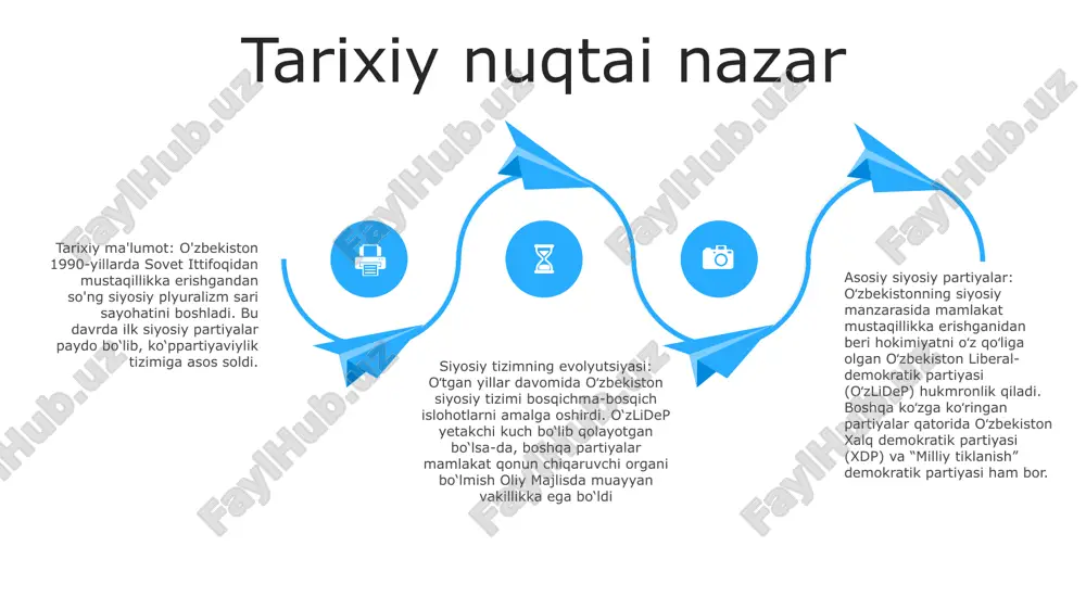 zchi sotsial-demokratik partiya (sdp) mafkura: sotsial-demokratiya, demokratik sotsializm tashkil etilgan: 1991 yil sobiq rahbar: abdurahim po‘latov “adolat” sotsial-demokratik partiyasi (asdp) rahbarlik: asdpga taniqli o'zbek huquq himoyachisi va sobiq jurnalist ulug'bek to'xtaev rahbarlik qiladi. to'xtaev siyosiy faoliyati uchun qamalgan va boshqa ko'plab ta'qiblarga uchragan. faoliyat: asdp o'z siyosiy platformasini qo'llab-quvvatlash uchun norozilik namoyishlari, mitinglar va namoyishlar uyushtirdi. shuningdek, ular saylov monitoringida qatnashib, inson huquqlari poymol qilinganlarga huquqiy yordam ko‘rsatgan. partiya platformasi: asdp o‘zbekistonda ijtimoiy adolat, iqtisodiy tenglik va siyosiy islohotlar tarafdori. ular hokimiyatlar bo‘linishi, qonun ustuvorligi, erkin va mustaqil matbuotga ishonishadi. the milliy tiklanish (nt) milliy tiklanish (nt)- 1995-yilda tashkil etilgan nt oʻzbekistondagi liberal-demokratik siyosiy partiyadir.- inson huquqlari, iqtisodiy taraqqiyot va xalqaro hamkorlik tarafdori.- hozirda oliy majlis qonunchilik palatasida 22 deputatlik oʻringa ega. o‘zbekiston milliy tiklanish demokratik partiyasi (mndp)- 2003-yilda tashkil etilgan mndp o‘zbekistondagi o‘ng markazchi siyosiy partiyadir.- iqtisodiy islohotlar, ijtimoiy himoya va milliy birdamlikni mustahkamlashga e’tibor qaratadi.- oliy majlis qonunchilik …