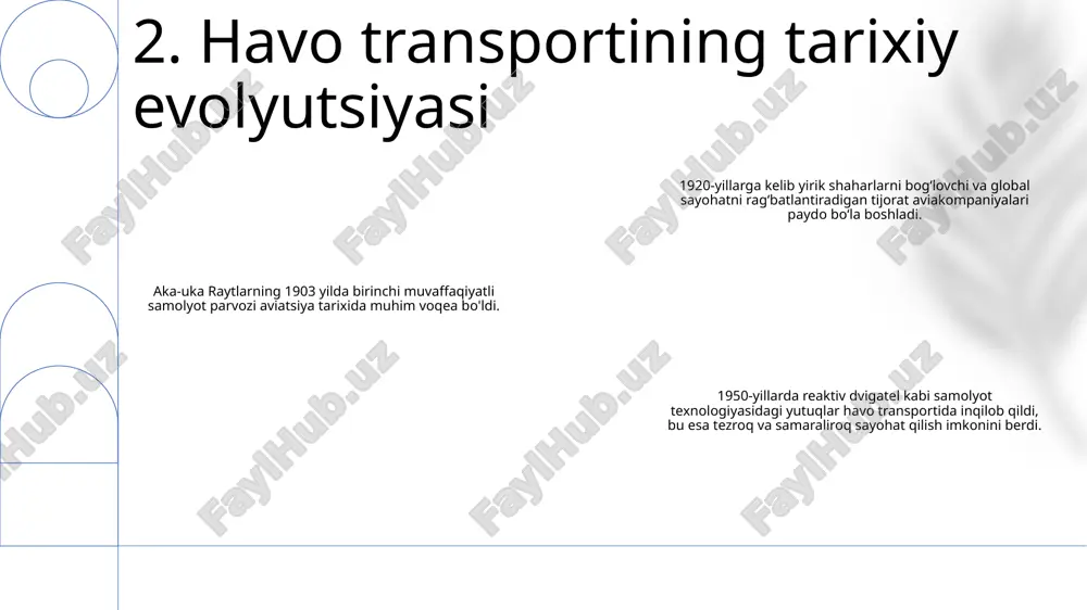 holda havo qatnovining hajmi va yo'nalishini ko'rsatadigan yo'lovchi tashishning geografik shakllari. 6. aviakompaniya marshrutlari geografiyasi geografiya va iqlim: shamol tezligi, ko'rinish va yog'ingarchilik kabi meteorologik sharoitlar parvozlar jadvali va xavfsizligiga ta'sir qilishi mumkin. topografiya va balandlik: tog'li er va baland balandliklar parvoz va qo'nish masofalariga ta'sir qilishi mumkin, bu esa maxsus protseduralar va samolyot modifikatsiyalarini talab qiladi. yerdan foydalanish va aholi zichligi: shahar hududlari va aeroportlar yer uchun raqobatlashadi, zich aholi esa shovqin va havo ifloslanishini kuchaytiradi. 7. havo transportiga ta'sir etuvchi ekologik omillar siyosiy ta'sir: hukumat siyosati va qoidalari aviatsiya geografiyasiga, havo bo'shlig'ini shakllantirishga, marshrut tarmoqlari va aeroport faoliyatiga sezilarli ta'sir ko'rsatadi. tartibga solish ta'siri: aviatsiya organlari aviakompaniyalar faoliyati va infratuzilmani rivojlantirishga ta'sir qiluvchi xavfsizlik standartlari, atrof-muhit qoidalari va raqobat qoidalarini o'rnatadi. xalqaro shartnomalar: mamlakatlar o'rtasidagi ikki tomonlama va ko'p tomonlama shartnomalar hamkorlikni rivojlantiradi va havo transporti xizmatlarini osonlashtiradi, bozorga kirish va imkoniyatlar taqsimotiga ta'sir qiladi. 8. siyosiy va …
