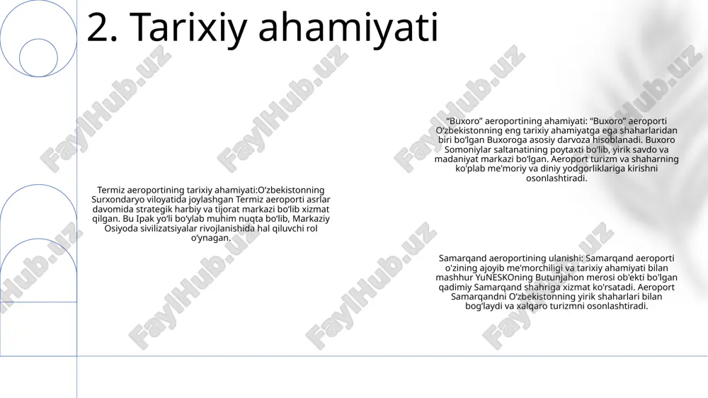 izmat qiladi. 5. iqtisodiy ta'sir madaniy meros: oʻzbekistonning qadimiy samarqand, buxoro va xiva shaharlari yuneskoning butunjahon merosi obʼyektlari boʻlib, oʻzining ajoyib meʼmorchiligi va tarixiy ahamiyati bilan mashhur. samarqand aeroporti (skd): oʻzbekistonning asosiy sayyohlik yoʻnalishi boʻlgan samarqand shahriga xizmat koʻrsatadi. aeroport ichki va xalqaro yo'nalishlarga parvozlarni amalga oshiradi. termiz aeroporti (tmj): qadimiy termiz shahrida joylashgan ushbu aeroport oʻzbekistonning yirik shaharlari va qoʻshni davlatlar bilan aloqalarni taʼminlaydi. 6. madaniy meros boj olinmaydigan doʻkonlar: oʻzbekiston aeroportlarida sayohatchilar import soliqlarini toʻlamasdan suvenirlar, sovgʻalar va hashamatli buyumlarni xarid qilishlari mumkin boʻlgan bojsiz doʻkonlar qatorini taklif etadi. wi-fi va internetga kirish: bepul wi-fi butun aeroportlarda keng tarqalgan bo'lib, yo'lovchilarga ish yoki o'yin-kulgi uchun internetga ulanish imkonini beradi. tibbiy muassasalar: aeroportlarda har qanday sog'liq uchun favqulodda vaziyatlarda yoki kichik kasalliklarda yordam ko'rsatadigan malakali tibbiy xodimlar bilan jihozlangan tibbiy muassasalar mavjud. 7. zamonaviy inshootlar “toshkent” aeroportini rivojlantirish: “toshkent xalqaro aeroporti”ni yirik modernizatsiya qilish, jumladan, yangi terminal qurish, uni …