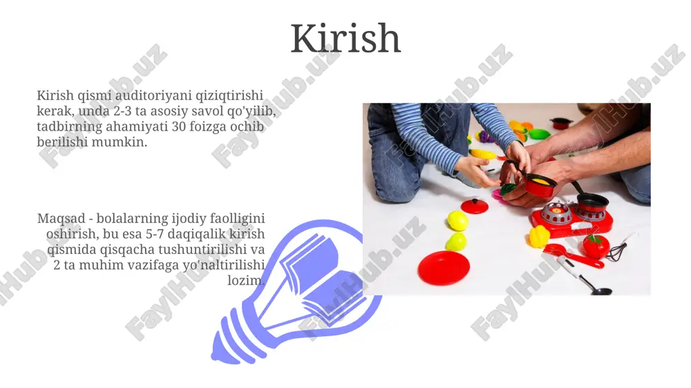 ntirib, sahna dekoratsiyalarini yangicha yaratishga o'rganadilar. bolalar sahna muammolarini hal qilishda 2 turdagi ijodiy yechimlarni izlaydilar: texnik, masalan yoritish, va badiiy, masalan xarakterni aks ettirish usullari. o'qituvchilar va ota-onalarning roli ota-onalar farzandlari uchun ijodiy resurslar (masalan, 2-3 turdagi san'at materiallari) bilan ta'minlashlari va ijodiy faoliyat uchun qulay muhit yaratishlari muhimdir. o'qituvchilar bolalarning ijodiy salohiyatini 10-15 daqiqalik ijodiy topshiriqlar orqali rag'batlantirishi va ularning ishlarini baholashda ijobiy fikr bildirishlari kerak. xulosa va tavsiyalar 01 02 bolalarning ijodiy faolligini oshirish uchun xulosa, tadbirlarni loyihalashtirishning 5 asosiy bosqichini tahlil qilishi va 3 ta amaliy tavsiya berishi kerak. sales 1st qtr 2nd qtr 100 0 sales 1st qtr 2nd qtr 100 0 e'tiboringiz uchun rahmat image5.jpg image6.jpg image7.jpg image8.jpg image9.jpg image10.jpg image11.jpg image12.jpg image13.jpg image14.jpg image15.jpg image16.jpg image1.jpeg image2.jpeg image3.jpeg