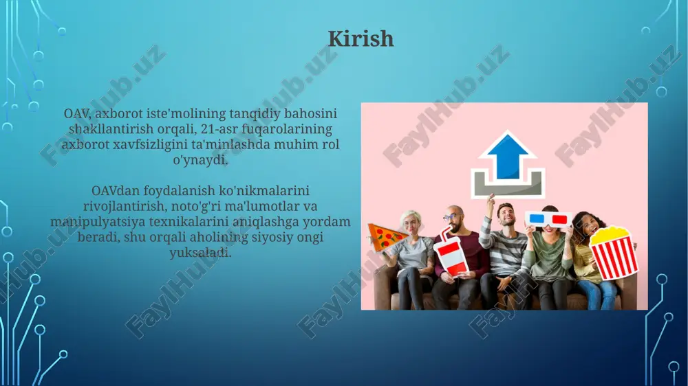 niqligini ta'minlashni talab qiladi. ommaviy axborot vositalarining roli tanqidiy fikrlashni rivojlantirishdir, bunda auditoriyaning 80% i xabarlarni passiv qabul qiladi, bu tahlil qobiliyatini oshirishga turtki beradi. davlat siyosati va oav o'zbekistonda oav davlat siyosatida muhim rol o'ynaydi, 2022-yilgi qonunchilikka ko'ra, axborot erkinligi va oavning mas'uliyatini muvozanatlash zarur. davlat oavni qo'llab-quvvatlash dasturlarini ishlab chiqadi, jumladan, 2024-yilga mo'ljallangan loyihalar orqali, aholining mediaga oid savodxonligini oshirish maqsadida. ta'lim tizimida oav o'quv dasturlariga oavni integratsiya qilish o'quvchilarga axborotni tanqidiy baholash, 2.0 texnologiyalari orqali faktlarni tekshirish va soxta xabarlarni aniqlash ko'nikmalarini rivojlantiradi. ta'lim tizimidagi oav resurslari talabalarga turli xil media platformalaridan, masalan, 5g aloqa tizimlari orqali uzatiladigan axborotlarni tahlil qilish va baholashga yordam beradi. oav savodxonligini oshirish bo'yicha dasturlar oav savodxonligini oshirish dasturlari odamlarga axborotni tanqidiy tahlil qilish, notoʻgʻri maʼlumotni aniqlash va oav kontentini masʼuliyat bilan yaratishni oʻrgatadi. ushbu dasturlar koʻpincha 18 yoshdan kattalarga moʻljallangan boʻlib, ular televizor, radio va internet kabi turli xil oav platformalarida …