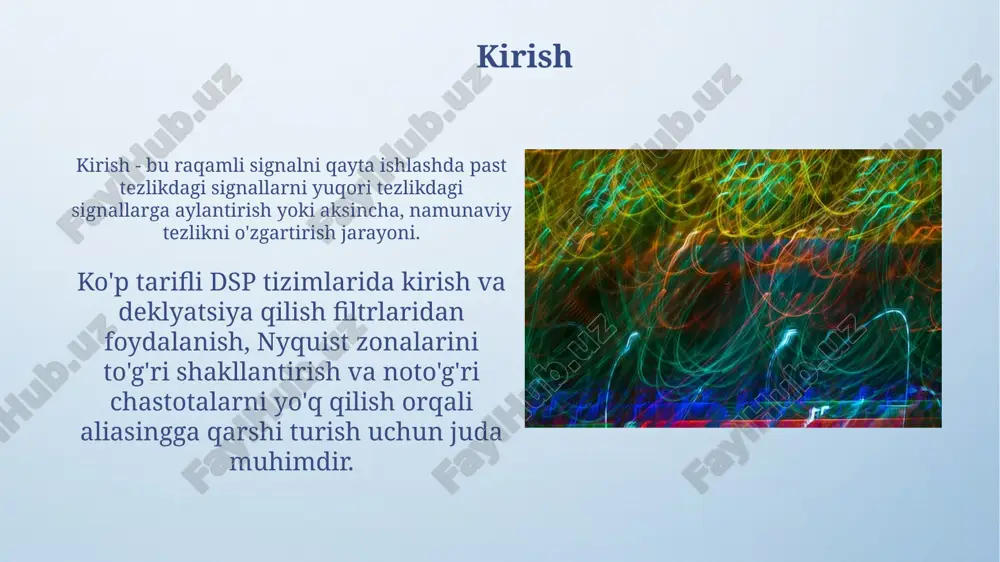 tomatik ravishda sozlaydi, bu esa ularni vaqt oʻzgaruvchan signallarni filtrlash uchun ideal qiladi. ularning algoritmlari xato signallarini minimallashtirishga qaratilgan. lms (eng kam oʻrtacha kvadratlar) algoritmi adaptiv filtrlashda keng qoʻllaniladi, murakkabligi pastligi va nisbatan barqarorligi tufayli. u filtr koeffitsientlarini har bir iteratsiyada xato signalga qarab oʻzgartiradi. spektral tahlil spektral tahlil signallarning chastota tarkibini aniqlashga qaratilgan boʻlib, furier transformatsiyasi kabi usullar orqali amalga oshiriladi va 0 dan nyquist chastotasigacha boʻlgan spektrni koʻrsatadi. ushbu tahlil audio signalidagi 440 hz chastotali a notasini aniqlash yoki tebranishlar spektridagi 50 hz quvvat liniyasi shovqinini aniqlash kabi vazifalarni bajaradi. raqamli signal protsessorlari (dsp) raqamli signal protsessorlari (dsp) real vaqtda signalni qayta ishlash uchun mo'ljallangan, masalan audio va video. dsp'lar yuqori tezlikda 16 yoki 32 bitli matematik operatsiyalarni bajarishga ixtisoslashgan. dsp arxitekturasi ko'pincha ko'paytiruvchi-akümülatordan (mac) foydalanadi, bu bir tsikl davomida ikkita raqamni ko'paytiradi va natijani avvalgi qiymatga qo'shadi. bu filtrlash kabi intensiv hisoblashlarni tezlashtiradi. ilovalar raqamli signalni qayta …