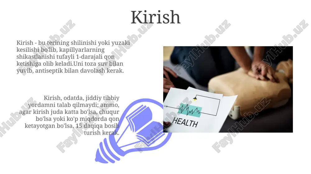 ish, yurak urishi) 10-15 daqiqada bir marta tekshirilishi shart. agar zaharlanish teri orqali yuzaga kelgan bo'lsa, kamida 20 daqiqa davomida zararlangan joyni oqava suv bilan yuvib tashlang, lekin hech qanday kimyoviy neytrallashtiruvchi vositalardan foydalanmang. allergik reaksiyalarda birinchi yordam allergen manbasini aniqlang va yo'q qiling. masalan, hasharot chaqishi joyidan zahar tarqalishini sekinlashtirish uchun bosim bog'lami qo'llang va sovuq kompress qiling. antigistamin preparatlari (masalan, difenhidramin 25-50 mg) qabul qilish allergik reaksiyalarni yengillashtirishga yordam beradi. ular qichishish, toshma va burun oqishini kamaytiradi. tez yordam chaqirish va bemorni topshirish 01 02 tez yordam kelgunga qadar bemorning ahvolini kuzating va 103 xizmatiga vaziyatdagi o'zgarishlar haqida xabar berib turing, masalan, nafas olishning qiyinlashuvi. sales 1st qtr 2nd qtr 100 0 sales 1st qtr 2nd qtr 100 0 e'tiboringiz uchun rahmat image5.jpg image6.jpg image7.jpg image8.jpg image9.jpg image10.jpg image11.jpg image12.jpg image13.jpg image14.jpg image15.jpg image16.jpg image1.jpeg image2.jpeg image3.jpeg