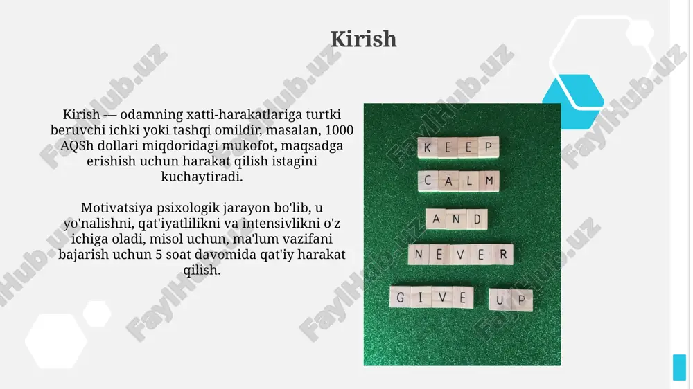 ar ichki zo'riqishni keltirib chiqaradi. motivatsiya jarayoni 3 ta asosiy bosqichdan iborat: ehtiyojni aniqlash, maqsadni belgilash va maqsadga erishish uchun harakatlarni amalga oshirish, natijada qoniqish paydo bo'ladi. motivatsiya omillari "ehtiyojlar ierarxiyasi"ga ko'ra, maslouning 5 pog'onali modeli motivatsiyani fiziologik, xavfsizlik, ijtimoiy, hurmat va o'zini anglash ehtiyojlari orqali tushuntiradi. g'oyalar bilan mos keluvchi "ichki motivatsiya" 70-80% hollarda tashqi rag'batlantiruvchi omillarga nisbatan samaraliroq bo'lib, shaxsiy qiziqishni oshiradi. motivatsiyani oshirish usullari maqsadlarni aniq belgilash orqali motivatsiyani oshirish mumkin, masalan, smart maqsadlaridan foydalanish: 1 oy ichida 5 ta yangi mijoz jalb qilish kabi aniq va o'lchanadigan maqsadlar qo'yish kerak. o'zini-o'zi rag'batlantirish usullaridan foydalanish muhim, har bir muvaffaqiyatli qadamdan so'ng o'zingizni mukofotlash, masalan, har hafta erishilgan maqsadlar uchun kichik sovg'alar berish motivatsiyani oshiradi. shaxsiy motivatsiya shaxsiy motivatsiya – bu ichki kuch boʻlib, 70% holatlarda maqsadga erishish uchun turtki beradi; u sizning qadriyatlaringiz va ehtiyojlaringizga mos kelishi muhim. optimal shaxsiy motivatsiyaga erishish uchun smart maqsadlaridan foydalaning: aniq, …