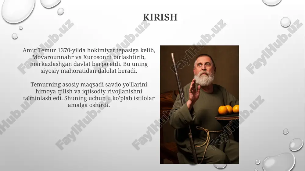 iy qoidalar belgilangan. mansabdor shaxslarning korrupsiyasi va suiiste'molliklari qattiq jazolangan. bu orqali qonun ustuvorligini ta'minlashga erishilgan. millatlararo totuvlik va diniy bag‘rikenglik amir temur oʻz saltanatida turli millat vakillarini biriktirib, ularning madaniy va diniy eʼtiqodlarini hurmat qilgan, bu siyosat davlat barqarorligini taʼminlagan. temurning 'kuch adolatdadir' tamoyili barcha millat va din vakillari uchun qonun ustuvorligini kafolatlagan, shu sababli saltanatda 12 dan ortiq millat tinch yashagan. amir temurning merosi va jahon tarixidagi o‘rni temurning 'temur kodeksi' davlat boshqaruvi, harbiy ishlar va ijtimoiy adolat tamoyillarini qamrab olgan bo'lib, kelajak avlodlar uchun qimmatli meros bo'lib qoldi. temur saltanati buyuk ipak yo'lida savdo-sotiqni jonlantirdi, samarqandni ilm-fan, san'at va me'morchilik markaziga aylantirib, madaniy yuksalishga hissa qo'shdi. so‘nggi tadqiqotlar va yangi qarashlar so‘nggi tadqiqotlar temurning markaziy osiyoni tiklashdagi roli haqida yangi ma'lumotlarni ochib berdi, jumladan irrigatsiya tizimlarini qayta qurish bo'yicha 1390-yillardagi loyihalar. yangi qarashlar amir temurning harbiy yurishlarini imperiya qurishdan ko'ra, savdo yo'llarini himoya qilish va iqtisodiy barqarorlikni …
