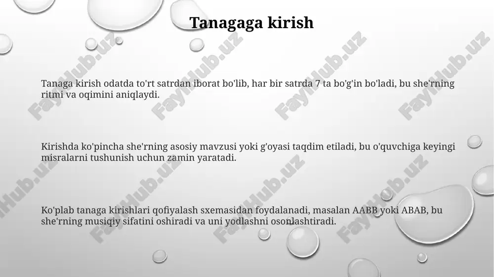 ali berilgan asosiy g'oyalar, takrorlanuvchi obrazlar va hissiyotlar yaxshilab o'rganiladi, shu bilan ma'no bog'liqliklari ochiladi. tanagadagi aloqalarni aniqlash usullaridan biri qofiyadoshlikni (aabb, abab va hokazo) tahlil qilishdir; bu aloqalar misralar orasidagi ma'no va tuzilish uyg'unligini ko'rsatadi. grammatik aloqalarni aniqlashda gap tuzilishi, so'z tartibi va grammatik shakllarning takrorlanishi kabi elementlar inobatga olinadi, bu esa misralarning o'zaro bog'liqligini ta'minlaydi. aloqalarning misollari tanagadagi aloqalarning bir misoli 7-bo'g'indagi qofiyadir, bunda birinchi va uchinchi qatorlar (1 va 3) ikkinchi va to'rtinchi qatorlar (2 va 4) bilan mos keladi. tanaga aloqalarining yana bir namunasi 4 qatorli tuzilmadir, har bir qatorda 7ta bo'g'in mavjud bo'lib, fikr to'liq ifodalanishi va muayyan ritmga ega bo'lishini ta'minlaydi. tanaga aloqalarining asosi 1234 qofiya sxemasi hisoblanadi. misol uchun, "aabb" uslubidagi qofiyalanish, she'riy ma'noni mustahkamlashda muhim rol o'ynaydi. xulosa xulosa tanaga she'rining asosiy bog'lanishlarini o'rganishning yakuniy qismi bo'lib, uning to'rt qator, yetti bo'g'inli tuzilishiga ta'sirini 4 ta asosiy jihatdan ko'rib chiqadi. xulosada tanaga …