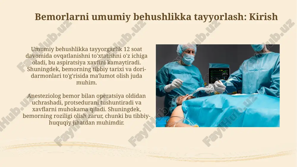 tashlash uchun muhim ahamiyatga ega. yuvish jarayoni uchun zondning burun yoki og'iz orqali oshqozonga kiritilishi, zondning diametri kattaligi (10-12 mm) kattalarga mos keladi, bolalarda esa ingichka zond qo'llaniladi. asoratlar va ularni oldini olish asoratlar orasida 0.1% hollarda kuzatiladigan tish shikastlanishi mavjud; premedikatsiya vaqtida tish holatini baholash bu xavfni kamaytiradi. gipoksiya, taxminan 0.2% hollarda uchraydi, adekvat preoksigenatsiya va intubatsiya texnikasini qo'llash orqali oldini olish mumkin, kislorod 95%dan yuqori bo'lishi kerak. yuvishdan keyingi parvarish va kuzatuv bemorni g'alayon, og'riq yoki nafas olish qiyinlishuvi kabi nojo'ya ta'sirlar paydo bo'lishidan saqlash uchun, birinchi 24 soat davomida har 15-30 daqiqada kuzatuv o'tkaziladi. anesteziyadan keyingi dastlabki 2 soat ichida bemorning puls oksimetri ko'rsatkichlari 95% dan past bo'lmasligi, qon bosimi normal diapazonda bo'lishi va og'riq darajasi 3/10 dan yuqori bo'lmasligi ta'minlanishi kerak. e'tiboringiz uchun rahmat image3.jpg image4.jpg image5.jpg image6.jpg image7.jpg image8.jpg image9.jpg image10.jpg image11.jpg image12.jpg image13.jpg image14.jpg