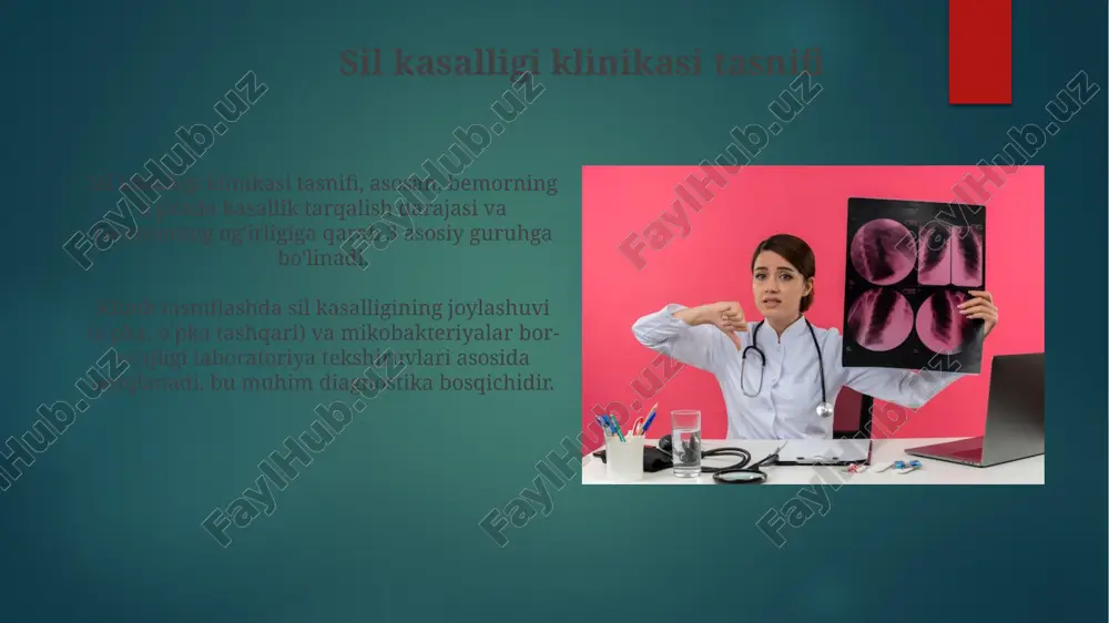 ishi, ularning asosiy vazifasi kasallikni aniqlash, davolash va bemorning ahvolini nazorat qilishdan iborat bo'ladi, erta tashxis muhim. yashirin tb infeksiyasini aniqlash yashirin tb infeksiyasini aniqlash uchun asosiy usul - bu teri testi (tuberculin skin test, tst) bo'lib, 48-72 soat ichida induratsiya diametrini o'lchashni talab qiladi. interferon-gamma ajratish tahlillari (igra), masalan, quantiferon-tb gold, qon namunalarida tb ga xos oqsillarga javobni o'lchaydi va tstga nisbatan aniqroq natijalar berishi mumkin. birlamchi tb ni davolash birlamchi tb davolashda odatda 6 oylik kurs qo'llaniladi, bunda izoniazid, rifampitsin, pirazinamid va etambutol kabi 4 xil dori vositalari ishlatiladi. birlamchi davolashning dastlabki 2 oyida intensiv faza bo'lib, har kuni 4 ta dori qabul qilinadi, so'ngra davolashning keyingi 4 oyi davomida 2 ta dori beriladi. klinik ahamiyati klinik ahamiyati sil kasalligini erta aniqlash va davolash imkoniyatini beradi, bu kasallikning tarqalishini 60-70% gacha kamaytiradi va sog'lomlashtirishni tezlashtiradi. klinik ahamiyati latent tuberkulyoz infeksiyasini (ltbi) aniqlashda muhim rol o'ynaydi, bu esa profilaktik …