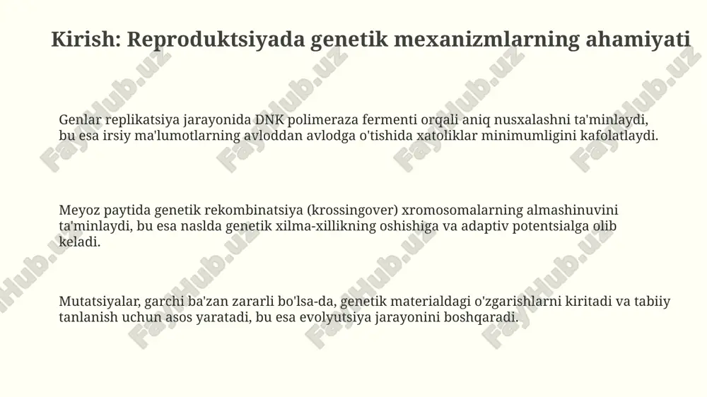jinsini aniqlaydi, aks holda urg'ochi rivojlanadi. xulosa: reproduktsiyada genetik mexanizmlarning evolyutsion ahamiyati genetik rekombinatsiya (crossing-over) tufayli genlarning yangi kombinatsiyalari adaptiv salohiyatni oshiradi va evolyutsion o'zgarish tezligini 10-100 barobar oshiradi. mutatsiyalar, garchi ko'pchiligi zararli bo'lsa-da, ba'zilari organizmga yangi xususiyatlar beradi, bu esa tabiiy tanlanish orqali 0.1% hollarda moslashishga olib keladi. jinsiy ko'payish genetik xilma-xillikni oshirib, populyatsiyalarni kasalliklar va atrof-muhit o'zgarishlariga 1000 marta chidamli qiladi. e'tiboringiz uchun rahmat image3.png