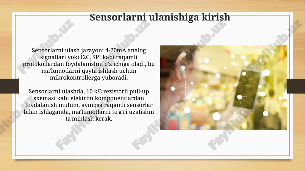 ing 35% ini tashkil etdi; shuning uchun, xavfsizlik devorlari va intrusion detection tizimlari zarur. muammolarni bartaraf etish va diagnostika sensor ulanishidagi muammolarni bartaraf etish uchun, avvalo, 5 voltlik kuchlanishni tekshiring. elektr ta'minotidagi uzilishlar noto'g'ri signallarga sabab bo'lishi mumkin. diagnostika jarayonida, sensor kabellarining butunligini 10 megohmlik multimetr bilan o'lchab ko'ring. qisqa tutashuvlar yoki ochiq kontaktlar noto'g'ri ko'rsatkichlarga olib keladi. amaliy misollar va loyiha namunalari aqlli uy loyihasida harorat, namlik va yorug'lik datchiklarini birlashtirib, xonadagi sharoitni avtomatik ravishda 24/7 nazorat qilish va optimallashtirish mumkin. sanoatda bosim, harorat va vibratsiya datchiklarini ulash orqali uskunalarning ishlashini real vaqt rejimida kuzatib, nosozliklarni erta aniqlash va oldini olish imkoniyati mavjud. kelajakdagi tendentsiyalar va yangiliklar kelajakda 6g aloqa texnologiyalari 1 terabayt/sek tezlikka erishib, sensorlar o'rtasidagi ma'lumot almashinuvini 100 barobar oshiradi, yangi ilovalarni yaratadi. kvant sensorlari aniqlikni 1000 barobar oshiradi, minimal o'lchovlarni ta'minlab, tibbiyot va atrof-muhit monitoringida inqilob qiladi hamda 2030-yilgacha keng tarqaladi. e'tiboringiz uchun rahmat image7.png image8.jpg …