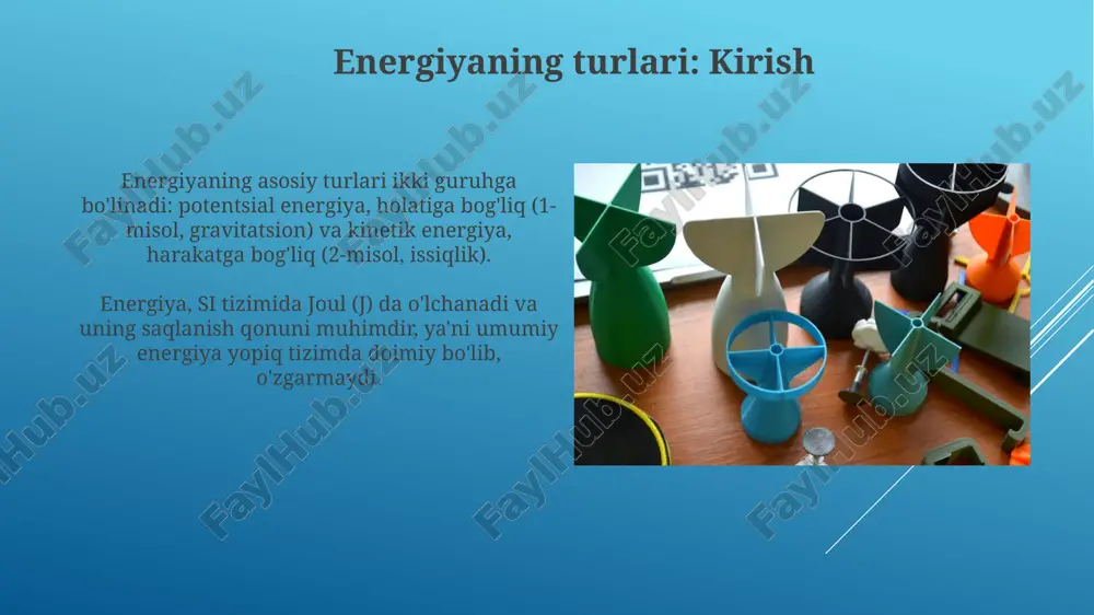 viy energiya mexanik energiya bilan birga issiqlik energiyasiga aylanadi. energiya transformatsiyasining misollari fotosintez jarayonida oʻsimliklar quyoshning yorugʻlik energiyasini kimyoviy energiyaga aylantiradi, bu esa glyukoza (c6h12o6) kabi uglevodlar hosil boʻlishiga olib keladi, bu organizmlar uchun asosiy energiya manbai hisoblanadi. issiqlik dvigatellarida, masalan, avtomobil ichki yonuv dvigatelida, yoqilgʻining kimyoviy energiyasi avval issiqlik energiyasiga, soʻngra pistonlarni harakatga keltiradigan mexanik energiyaga aylanadi, bu harakat gʻildiraklarni aylantiradi. energiya saqlash qonuni energiya saqlanish qonuni yopiq tizimda energiya miqdori vaqt o'tishi bilan o'zgarmasligini, uni yaratib yoki yo'q qilib bo'lmasligini, faqat 1-turdan boshqa turga o'tishini ta'kidlaydi. qonun termodinamikaning birinchi qonuniga asoslangan bo'lib, unga ko'ra tizim ichki energiyasining o'zgarishi tizimga berilgan issiqlik va tizim tomonidan bajarilgan ishning ayirmasiga teng. xulosa xulosa qilib aytganda, energiyaning asosiy turlari 6 ta: issiqlik, yorug'lik, kimyoviy, elektr, yadroviy va mexanik energiya, ularning har biri turli fizik jarayonlarda transformatsiyaga uchraydi. energiyaning transformatsiyasi bir shakldan boshqa shaklga o'tish jarayoni bo'lib, termodinamikaning 1-qonuniga binoan umumiy energiya miqdori …