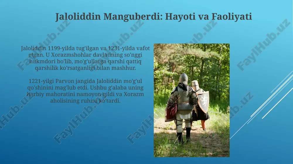 n harbiy faoliyati davomida jaloliddin oʻz askarlariga nisbatan 3 baravar koʻp kuchga qarshi kurashda ham gʻalaba qozongan. jaloliddinning halok bo'lishi jaloliddin 1231-yilda diyorbakir tog'larida kurdlarning hujumiga uchradi, u ov paytida yakka o'zi edi va bu uning uchun kutilmagan va halokatli zarba bo'ldi. manbalarga ko'ra, jaloliddinning o'limi kurdlarning qasosi natijasi bo'lgan, chunki u ilgari ularning qabilasiga qarshi harbiy yurishlar qilgan, 300 dan ortiq odamni o'ldirgan. jaloliddin manguberdining tarixiy ahamiyati jaloliddin manguberdi xorazmshohlar davlatini moʻgʻullarga qarshi 11 yil davomida himoya qilib, markaziy osiyo xalqlarining milliy qahramoniga aylandi. uning 1221-yildagi hind daryosidagi jangda moʻgʻul qoʻshinini magʻlub etishi, moʻgʻullarning gʻarbga yurishini vaqtinchalik toʻxtatib, yevropani saqlab qoldi. jaloliddin manguberdi: milliy qahramon jaloliddin manguberdi 1221-yilda hind daryosi bo'yida mo'g'ullarga qarshi jangda o'zining harbiy mahoratini namoyon etib, ularni mag'lub etgan. bu g'alaba uning shon-shuhratini yanada oshirdi. uning 1220-yildan 1231-yilgacha bo'lgan davrda mo'g'ullarga qarshi kurashi o'rta osiyo xalqlari uchun milliy ozodlik harakatining muhim bosqichi bo'ldi va 11 yil …