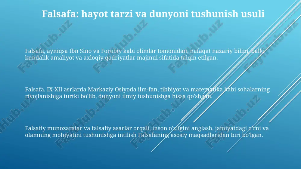 eradi. falsafani hayotga tatbiq etish bo'yicha maslahatlar kun davomida duch kelgan vaziyatlarda 3 ta asosiy falsafiy savolni ko'rib chiqing: haqiqat nima, yaxshilik nima va ma'no nima? kundalikda 5-10 daqiqa ajratib, o'z e'tiqodlaringizni tanqidiy baholang. bu sizga shaxsiy falsafangizni amalda qo'llash imkonini beradi. har hafta kamida 1 ta falsafiy asar o'qing va undan 2-3 ta g'oyani hayotingizga tatbiq etishga harakat qiling. bu sizga amaliy ko'nikmalar beradi. xulosa: falsafiy hayotning afzalliklari falsafa, 1-dan, tanqidiy fikrlash qobiliyatini rivojlantiradi, bu esa 21-asr muammolarini hal etishda muhim, shuningdek, qaror qabul qilishda aniqlik beradi. falsafiy hayot, 2-dan, axloqiy kompasni shakllantirib, 3 ta asosiy tamoyil: adolat, rahm-shafqat va mas'uliyat asosida shaxsiy va ijtimoiy munosabatlarni yaxshilaydi. falsafa, 3-dan, o'zlikni anglashga yordam beradi; bu jarayon orqali shaxs o'z e'tiqodlarini, qadriyatlarini va hayot maqsadini tushunib, to'liqroq yashaydi. e'tiboringiz uchun rahmat image1.png