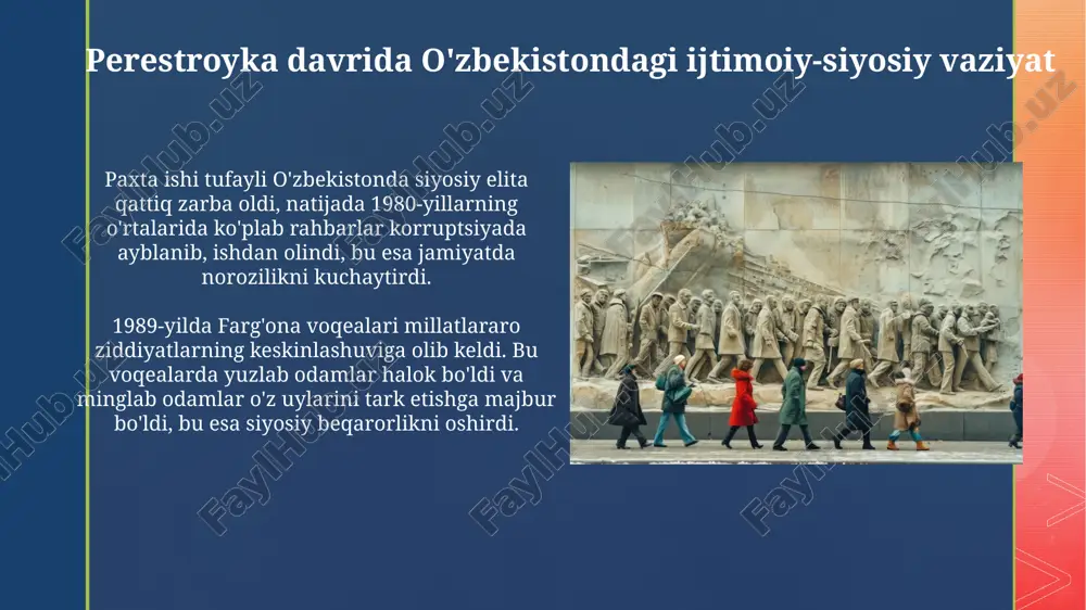 a ziyolilar va milliy faollar tomonidan boshlangan harakat, oʻzbek tilini davlat tiliga aylantirish orqali milliy oʻzlikni tiklashga qaratilgan edi. islom omilining kuchayishi 1980-yillarning oʻrtalarida norasmiy diniy guruhlar, xususan, naqshbandiylik tariqati faollashdi. kommunistik mafkuraga qarshi ommaviy noroziliklar kuchayishi din bilan bog'liq edi. perestroyka davrida islom omili o'zbek milliy o'zligini tiklash vositasi bo'ldi. 1989-yilda toshkent islom institutiga talabalar qabuli 2 barobar oshdi. markaziy hukumat bilan munosabatlar markaziy hukumat paxta yakkahokimligini davom ettirib, o‘zbekistonda respublikaning iqtisodiy manfaatlariga zid bo‘lgan agrar bir tomonlama siyosatni saqlab qoldi. 1980-yillarning oxirida moskva o‘zbekistonning siyosiy elitasini korrupsiyada ayblab, “paxta ishi” kabi kampaniyalar orqali respublikada markaziy nazoratni kuchaytirishga intildi. mustaqillik uchun kurashning boshlanishi 1980-yillarning oxirida, «paxta ishi» mojarosi natijasida, mahalliy elitaning obro'si tushib ketdi, bu esa milliy o'zlikni anglashning kuchayishiga turtki bo'ldi. 1989-yilda farg'ona voqealari millatlararo ziddiyatlar fonida yuzaga keldi, bu esa o'zbekiston xalqining mustaqillik istagini yanada oshirdi va harakatga undadi. o'zbekiston kompartiyasi ichidagi o'zgarishlar oʻzbekiston kompartiyasi markaziy qoʻmitasi …
