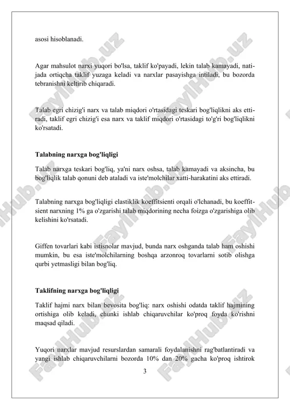 rlar va xizmatlarga bo'lgan talabning narxlardagi o'zgarishlarga qanchalik sezgirligini o'lchaydi, ya'ni 10% narxning o'zgarishi talabga qanday ta'sir qiladi. elastiklik qiymati 0 dan past bo'lishi mumkin emas, lekin cheksizlikka intilishi mumkin; nolga teng bo'lsa, talab mutlaqo noelastik, cheksizlikka intilsa, talab mutlaqo elastik hisoblanadi. talab elastikligining turlari noelastik talabda narx 1% ga o'zgarganda, talab miqdori 1% dan kamroqqa o'zgaradi, misol uchun, zaruriy tovarlar, e_d 1. birlik talab elastikligida narxning 1% ga o'zgarishi talab miqdorining ham 1% ga o'zgarishiga olib keladi, bunda e_d = 1 bo'ladi. cheksiz elastik talabda narxning minimal o'zgarishi talab miqdorining cheksiz o'zgarishiga olib keladi, grafikda gorizontal chiziq ko'rinishida ifodalanadi. taklif elastikligining turlari mutlaq noelastik taklif (elastiklik koeffitsienti 0 ga teng) narx o'zgarishiga mutlaqo sezgir emas, ya'ni narxlar qanchalik o'zgarmasin, taklif miqdori doimiy qoladi. birlik elastik taklif (elastiklik koeffitsienti 1 ga teng) narxdagi 1 foiz o'zgarish taklif miqdorida ham 1 foizlik o'zgarishga olib keladi, bu mutanosiblikni ko'rsatadi. elastik taklif (elastiklik …
