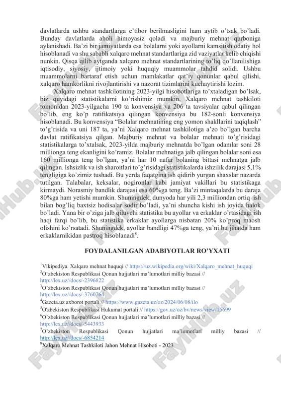 tashkiloti bilan hamkorlikni mustahkamlab, mehnat munosabatlarini xalqaro standartlarga moslashtirishga alohida e’tibor qaratmoqda. shuningdek, 2024-yil iyun oyida o’zbekiston ilk bor xalqaro mehnat tashkiloti ma’muriy kengashiga a’zo o’rinbosari etib saylandi4. bu esa mamlakatimizning xalqaro mehnat standartlariga rioya qilish borasidagi harakatlarini xalqaro jamiyat tomonidan e’tirof etilganini ko’rsatadi. o’zbekistonning xalqaro mehnat tashkiloti bilan hamkorligi mehnat bozorini rivojlantirish, ijtimoiy himoya tizimini kuchaytirish va xalqaro mehnat standartlarini yanaqa kengroq tatbiq etishga qaratilgan. bu esa mamlakatda mehnat sharoitlarini yaxshilash va ijtimoiy adolatni ta’minlashga xizmat qiladi5. xalqaro mehnat standartlari o’zbekistonda mehnat huquqlarini himoya qilish, munosib mehnat sharoitlarini yaratish va ijtimoiy adolatni ta’minlashda muhim ahamiyatga ega. ushbu standartlar mehnat bozori ishtirokchilari orasida adolatli munosabatlarni shakllantirib, ishchi kuchining huquqlarini himoya qilish va mehnat sharoitlarini yaxshilashda xizmat qiladi. o’zbekiston xalqaro mehnat tashkilotining bir nechta muhim konvensiyalarini ratifikatsiya qilgan. masalan, 2021-yil 4-iyunda o’zbekiston respublikasi xalqaro mehant tashkilotining “mehnat xavfsizligi va gigiyenasiga ko’maklashish asoslari to’g’risida”gi 187-sonli konvensiyasini ratifikatsiya qildi6. shuningdek, 2024-yil 27-martda davlat …