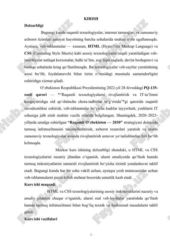 (standart generalived marnup language) sgmlning hisoblanadi. ananaviy tushuncha bo’yicha html butunlay dasturlash tili hisoblanmaydi. html–hujjatni belgilash tili. html–hujjatni tadqiq qilishda matnli hujjatlar teg(tag)lar bilan belgilanadi. ular maxsus burchakli ishoralar bilan o’rlagan bo’ladi, ( ). teglar matnlarni formatlashda va matnga har xil nomatn elementlarni masalan, grafiklar, qo’shimcha ob'ektlar va shu kabilarni o’rnatishda ishlatiladi. html tilining asosiy qoidalari quyidagicha: 1 - qoida. htmldagi istalgan harakat teglar bilan aniqlanadi. bitta teg (chap) harakatning bosh qismida, ikkinchisi esa, (o’ng) oxirida turadi. bunda teglar « » ishoralar bilan yonma-yon turadi. yolg’iz o’zi ishlatiladigan teglar ham mavjud. 2 - qoida. brauzer darchasidagi burchakli qavs ichiga joylashtirilgan istagan teg yoki boshqa instruktsiya tashqariga chiqarilmaydi va html–fayl uchun ichki buyruq hisoblanadi demak, www sistemasidan qandaydir hujjat yoki xabar olsangiz, ekranda yaxshi formatlangan, o`qish uchun qulay matn paydo bo`lganini ko`rasiz. bu shuni anglatadiki, www hujjatlarida qandaydir ma'lumotlarni ekranda boshqarish imkoniyati ham mavjud. hujjatlar tayyor, siz foydalanuvchiningqaysi kompyuterda ishlashini bilmaysiz, …