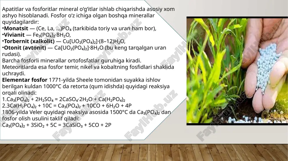 spin o‘zaro ta’sirlar tufayli yuz beradi. bundan tashqari, bu holat spektroskopik va rentgenografik tadqiqotlar bilan ham tasdiqlangan. fosforning eng ko‘p uchraydigan birikmalari — koordinatsion soni 4 va 3 bo‘lganlaridir. 5 va 6 koordinatsion sonli birikmalar esa nisbatan kam uchraydi. eng reaksiya berishga moyil bo‘lgan fosfor birikmalari bu — tarkibida bo‘linmagan (erkin) elektron jufti bo‘lgan birikmalardir, masalan: fosforning oksidlanish darajasi –3 dan +5 gacha, ba’zida +7 gacha o‘zgarishi mumkin. hatto 0,5 oksidlanish darajasiga ega fosforli birikmalar ham uchraydi (masalan, p₂h) [53]. amaliy jihatdan ahamiyatli bo‘lgan fosfor birikmalari — bu –3, +3 va +5 oksidlanish darajasiga ega bo‘lganlardir. ushbu uch darajadagi ionlar stoixiometriya (modda nisbatlari) qonuniga bo‘ysunadi. biroq, p³⁺ va p⁵⁺ ionlari juda yuqori ionlanish potensialiga ega bo‘lgani sababli, ular erkin holatda (ya’ni mustaqil ion shaklida) tabiatda uchramaydi. fosforning oksidlanish mahsulotlari r₄o deb atalgan past oksid fosforning trixlorid (pcl₃) yoki efir ichidagi eritmasi kislorod bilan oksidlanganda hosil bo‘ladi. ammo keyinchalik aniqlanishicha, ushbu …