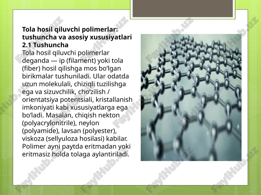 i omillar molekulyar massa: yuqori molekulyar massali polimerlar odatda kuchli, lekin juda yuqori bo‘lsa, tolaga aylanishi qiyin bo‘lishi mumkin. zanjir uzunligi va uning yo‘nalishi: to‘liq cho‘zilgan va yo‘nalgan zanjirlar tolada yuqori kuch hosil qiladi. masalan, tadqiqotlarda optimal o‘rab chiqilishi (“entanglement”) soni aniqlangan. kristallanish darajasi va yo‘nalish (orientation): yo‘nalgan va kristallashgan zanjirlar mustahkamlikni oshiradi, ammo kristallanish ortishi bilan egiluvchanlik kamayishi mumkin. kimyoviy guruhlar va zanjir o‘zaro ta’siri: polar guruhlar, vodorod bog‘lari, intermolekulyar kuchlar ham tolani shakllantirishda muhim. masalan, “polimer zanjiridagi polar guruh bilan o‘zaro ta’siri, namlikni yutish, bo‘yoqni qabul qilish va termal xossalarni belgilaydi.” spinning (ip hosil qilish) va cho‘zish (drawing) jarayonlari: tolani hosil qilish jarayonida eritmadan chiqarish, cho‘zish, sovitish, qotish — ularning barchasi tolaning ichki strukturasi va xossalariga ta’sir qiladi. xulosa tolali sanoat uchun tola hosil qiluvchi polimerlar juda muhim rol o‘ynaydi. ularning xossalarini nazorat qilish — aniq va qator omillarni boshqarishni talab qiladigan murakkab jarayon. polimerning tuzilishi (molekulyar massa, …