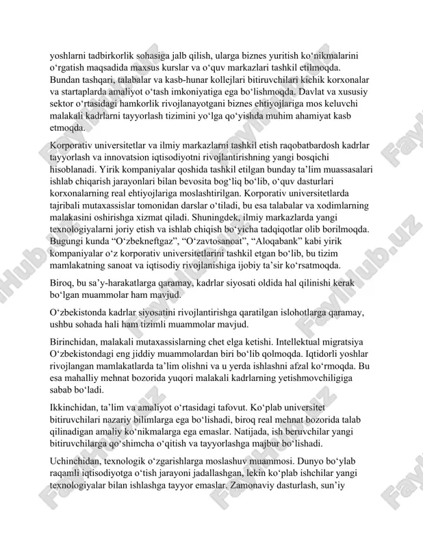 hga yo‘naltirilgan. hozirgi vaqtda it, muhandislik, servis sohasi, qishloq xo‘jaligi va logistika kabi yo‘nalishlarda amaliy bilim berish tizimi kengaymoqda. ish beruvchilar bilan hamkorlikda o‘quv amaliyotlarini tashkil etish orqali talabalar nazariy bilim bilan birga amaliy ko‘nikmalarga ega bo‘lishmoqda. shu bilan birga, kasb-hunar maktablari zamonaviy texnologiyalar bilan jihozlanib, raqamli laboratoriyalar va texnologik jihozlar bilan ta’minlanmoqda. ushbu chora-tadbirlar yoshlarning o‘z kasbini puxta egallashiga va bandlik darajasining oshishiga xizmat qilmoqda. ichik biznes va xususiy sektor uchun kadrlar tayyorlash tizimini kuchaytirish ham muhim strategik yo‘nalishlardan biri hisoblanadi. o‘zbekistonda tadbirkorlikni qo‘llab-quvvatlash davlat siyosatining ustuvor yo‘nalishlaridan biri bo‘lib, xususiy sektor iqtisodiyotning barqaror rivojlanishiga katta hissa qo‘shmoqda. shu sababli, yoshlarni tadbirkorlik sohasiga jalb qilish, ularga biznes yuritish ko‘nikmalarini o‘rgatish maqsadida maxsus kurslar va o‘quv markazlari tashkil etilmoqda. bundan tashqari, talabalar va kasb-hunar kollejlari bitiruvchilari kichik korxonalar va startaplarda amaliyot o‘tash imkoniyatiga ega bo‘lishmoqda. davlat va xususiy sektor o‘rtasidagi hamkorlik rivojlanayotgani biznes ehtiyojlariga mos keluvchi malakali kadrlarni tayyorlash tizimini …