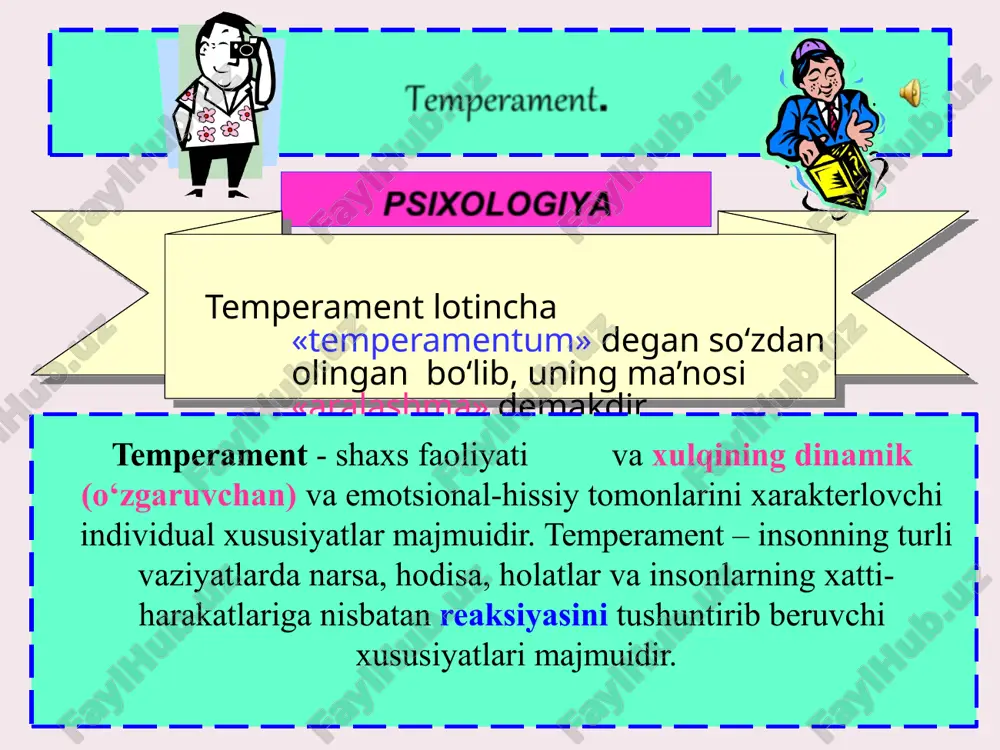 g'alishning tormozlanishi bilan, yoki, aksincha, tormozlanishning qo'zg'alish bilan naqadar engil almashinishidan iborat temperament temperament flegmatik melanxolik sangvinik xolerik xolerik temperament xolerik temperament – hissiyotning tez va kuchli qo‘zg‘aluvchanligi, barqaror bo‘lishi bilan farq qiladi. xolerik temperamentli kishilarning hissiyotlari ularning imo-ishoralarida, mimikalarida, harakatlari va nutqlarida yaqqol ko‘rinib turadi. xoleriklar qizg‘inlik va tajanglikka moyil bo‘ladilar. bunday temperamentli kishilar chaqqon, umuman harakatchan, serg‘ayrat va har doim urinuvchan bo‘ladilar. juda g`ayratli, ishga juda ehtiros bilan berilish qobiliyatiga ega bo`lgan, tez va shiddatli, qizg`in emosional "portlash" va kayfiyatning keskin o`zgarishlariga moyil, ildam harakatlar qiladigan kishi xolerik deb ataladi xolerik temperament bu xil temperamentli bolalar serg‘ayrat bo‘ladilar. ular bir ishga tez kirishadigan va boshlagan ishini oxiriga yetkazadigan bo‘ladilar. ular ko‘pchilik bilan jamoa o‘yinlar o‘tkazishni sevadilar va bunday o‘yinlarni ko‘pincha o‘zlari boshlab, oxirigacha faol qatnashadilar. xolerik temperamentli bolalar arazchan, serjahl va tajang bo‘ladilar. bir narsadan xafa bo‘lsalar, bu xafalik ularda uzoq saqlanadi. ulardagi kayfiyat ancha barqaror va davomli …
