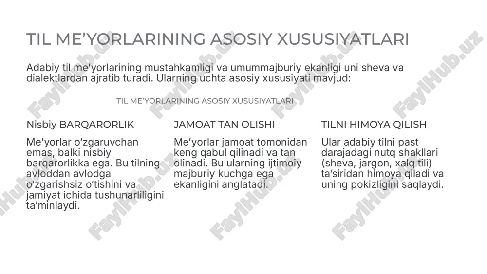dialekt va madaniyat jargon va madaniyat me’yordan chekinish me’yordan chekinish hududiy dialektlar ta’siri turli hududiy shevalar va dialektlar adabiy tilning talaffuz va leksik me’yorlariga ta’sir ko‘rsatishi mumkin. bu, ayniqsa, og‘zaki nutqda seziladi. ijtimoiy jargonlar yoshlar tilida, kasbiy guruhlarda yoki internetda paydo bo‘ladigan yangi so‘zlar va jargonlar adabiy til me’yorlariga mos kelmasligi mumkin. nutq madaniyatining pastligi ayrim shaxslarning yetarli ta’lim olmaganligi, o‘qimishli emasligi yoki tilga beparvoligi me’yorlarning buzilishiga olib keladi. 7 o‘zbek adabiy tilini saqlash va rivojlantirishdagi muhim qadamlar o‘zbekiston hukumati tilimizning qadriyatini tiklash va me’yorlarni mustahkamlash borasida muhim tashabbuslarni amalga oshirmoqda. 1 qadimiy manbalarni saqlash prezident shavkat mirziyoyevning qadimiy yozma manbalarni saqlash, tiklash va targ‘ib qilish borasidagi qarorlari adabiy tilning tarixiy asoslarini mustahkamlaydi. 2 ta’lim tizimining roli maktablar, kollejlar va oliy ta’lim o‘rgat muassasalarida til me’yorlarini chuqurish, nutq madaniyatini yoshlarga singdirish asosiy vazifa hisoblanadi. 3 ommaviy axborot vositalari ommaviy axborot vositalari adabiy til me’yorlarining asosiy targ‘ibotchisi bo‘lishi shart. bu sohada …