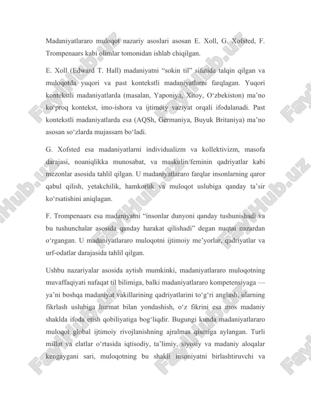 i butun jamiyat taraqqiyoti uchun muhim ilmiy yo‘nalish hisoblanadi. 2. madaniyatlararo muloqotda shaxsning roli muloqotda shaxs faol ishtirokchi bo‘lib, u o‘zining milliy-madaniy tajribasi, ijtimoiy maqomi va shaxsiy qadriyatlariga tayangan holda o‘zini namoyon etadi. har bir insonning madaniyat, til, urf-odat va axloqiy me’yorlar haqidagi tasavvurlari uning muloqotdagi xulq-atvorini belgilab beradi. shu sababli madaniyatlararo muloqotda shaxs faqat so‘zlovchi yoki tinglovchi emas, balki madaniyatlar o‘rtasidagi vositachi sifatida muhim ahamiyat kasb etadi. shaxsning madaniyatlararo kompetensiyasi — bu boshqa madaniyat vakillarining qadriyatlarini tushunish, ularga moslashish va o‘z fikrini to‘g‘ri ifodalash qobiliyatidir. bunday kompetensiyaga ega bo‘lgan inson turli madaniyat vakillari bilan o‘zaro hurmat asosida muloqot olib boradi, turli fikrlar va qadriyatlarni inobatga oladi, o‘z qarashlarini esa madaniy jihatdan maqbul tarzda bildiradi. madaniyatlararo muloqotda shaxs quyidagi asosiy rollarni bajaradi: 1. axborot uzatuvchi va qabul qiluvchi – shaxs muloqot jarayonida fikr, his-tuyg‘u, axborot va ma’lumotlarni yetkazuvchi hamda ularni qabul qiluvchi sifatida ishtirok etadi. shu jarayonda u nafaqat lingvistik …